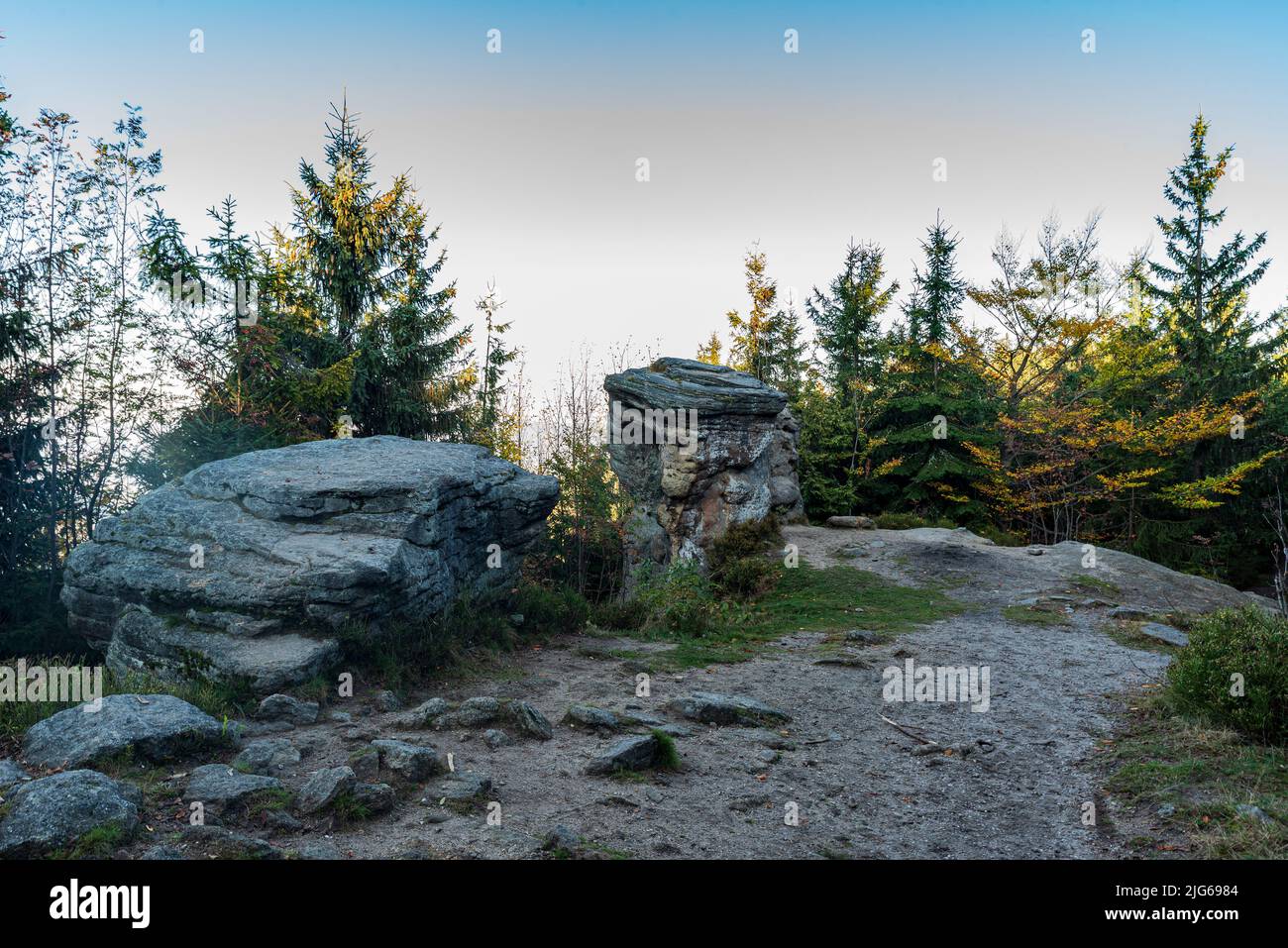 Sandstone rock formations on Kyrkawica in autumn Beskid Slaski mountains on czech - polish borders Stock Photo