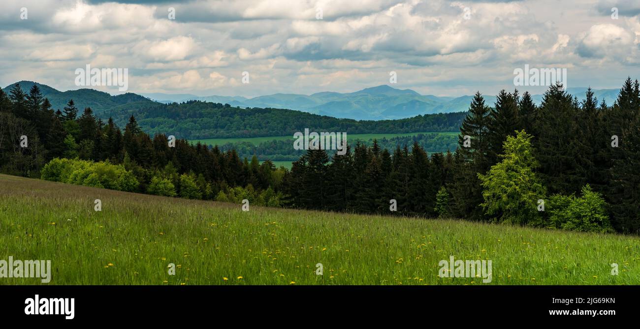 View from Holy vrch hill above Brumov-Bylnice in springtime Bile Karpaty mountains in Czech republic Stock Photo