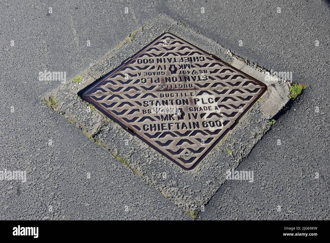Prestatyn, UK. Jun 22, 2022. A manhole cover which was manufactured by Stanton PLC. Stock Photo
