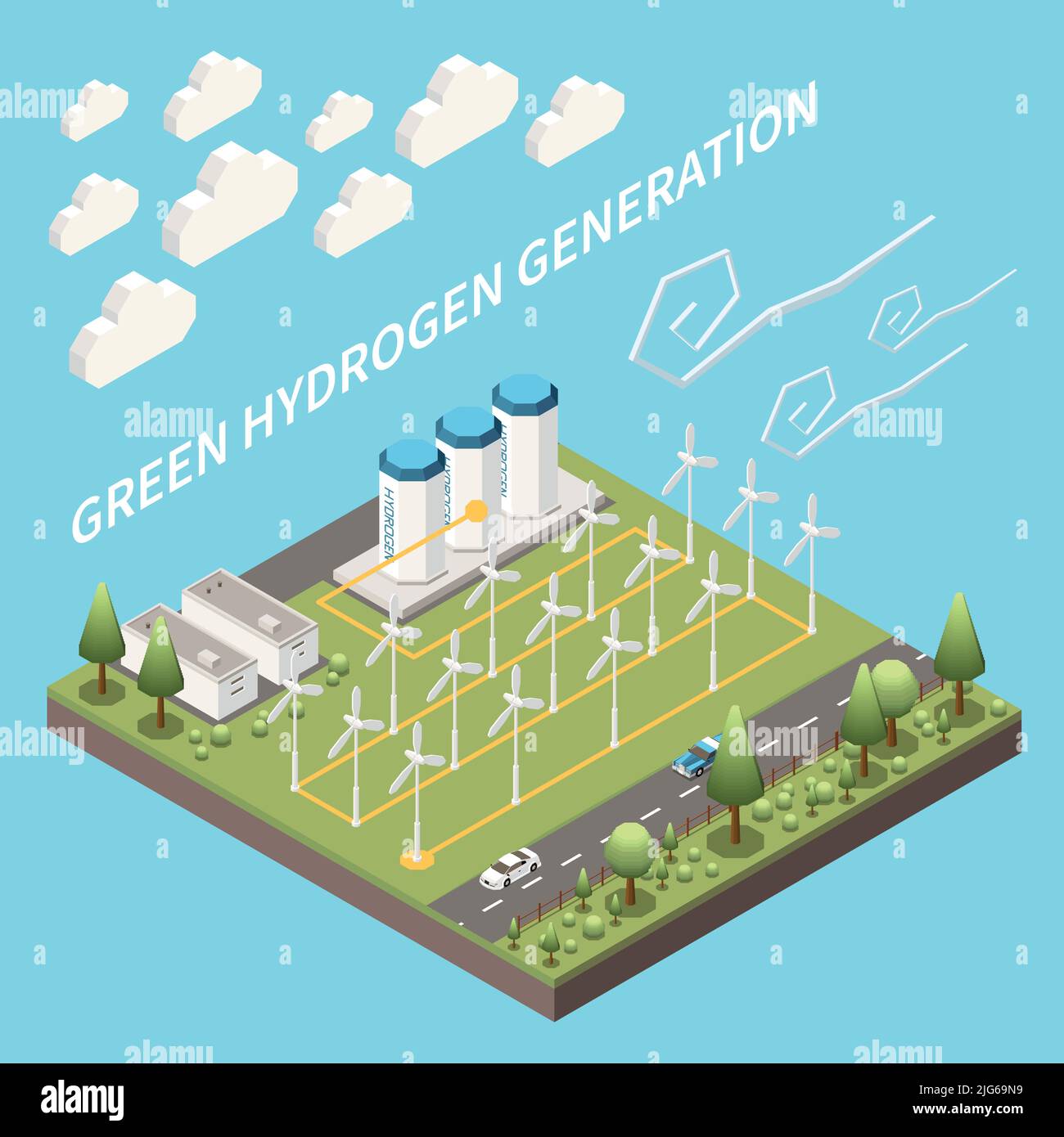 Renewable energy sources wind solar hydro isometric composition with