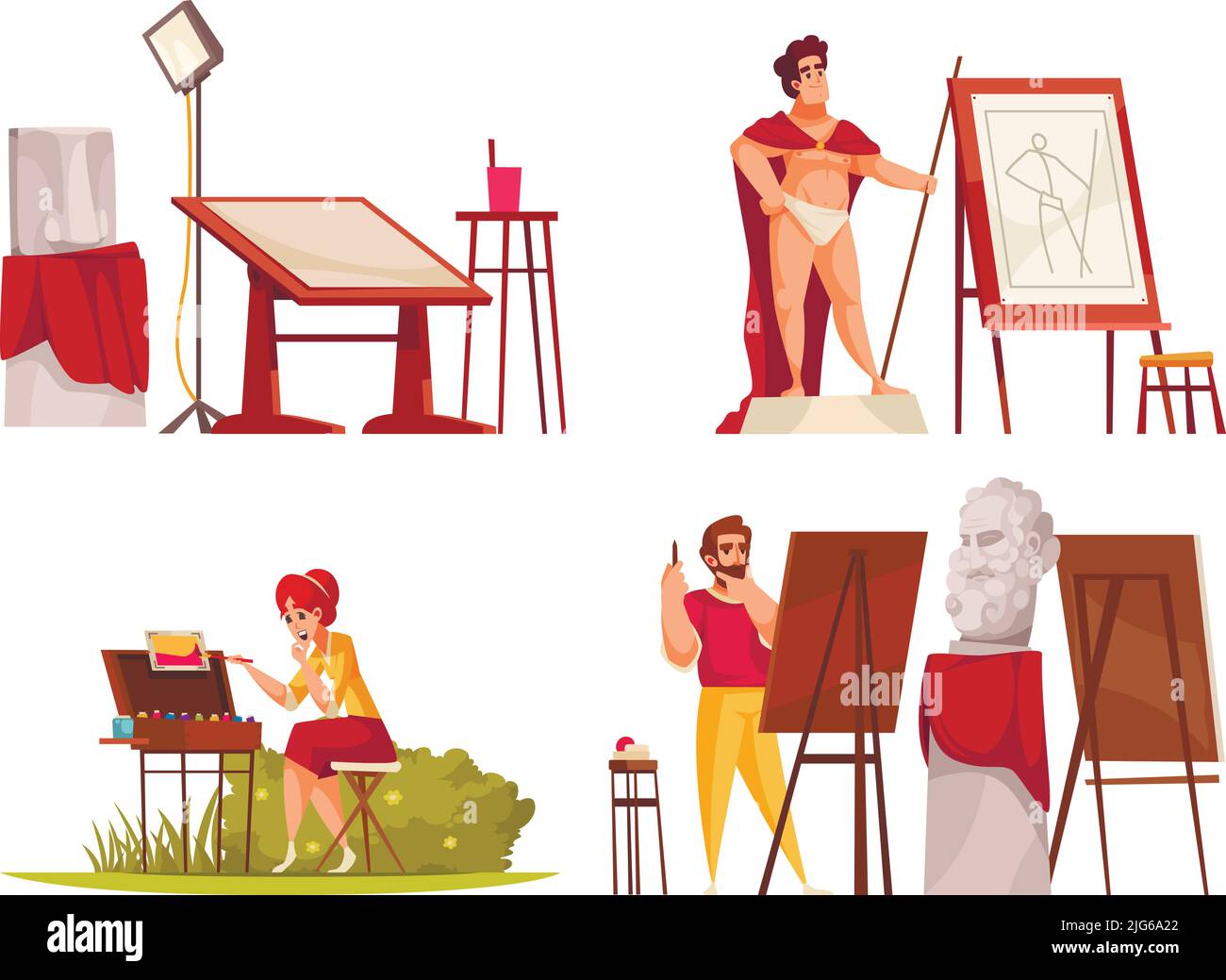Professional artists and model working in studio and outdoors cartoon ...