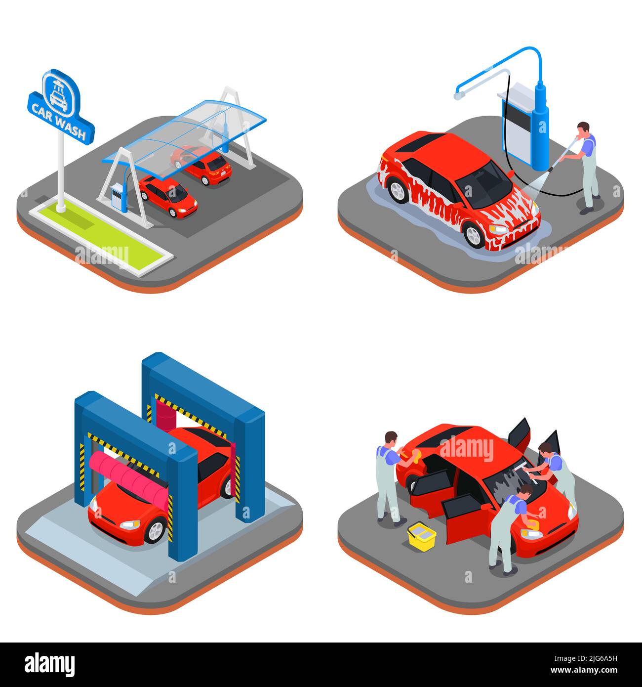 Isometric car wash icon set soap foam washing rinsing polishing and ...