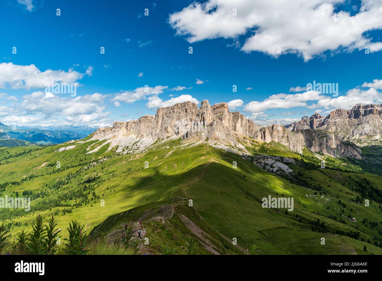Zillertal Alps with glaciers snad Setsass mountain peak with meadows bellows from hiking trail to Monte Sief mountain peak in the Dolomites Stock Photo