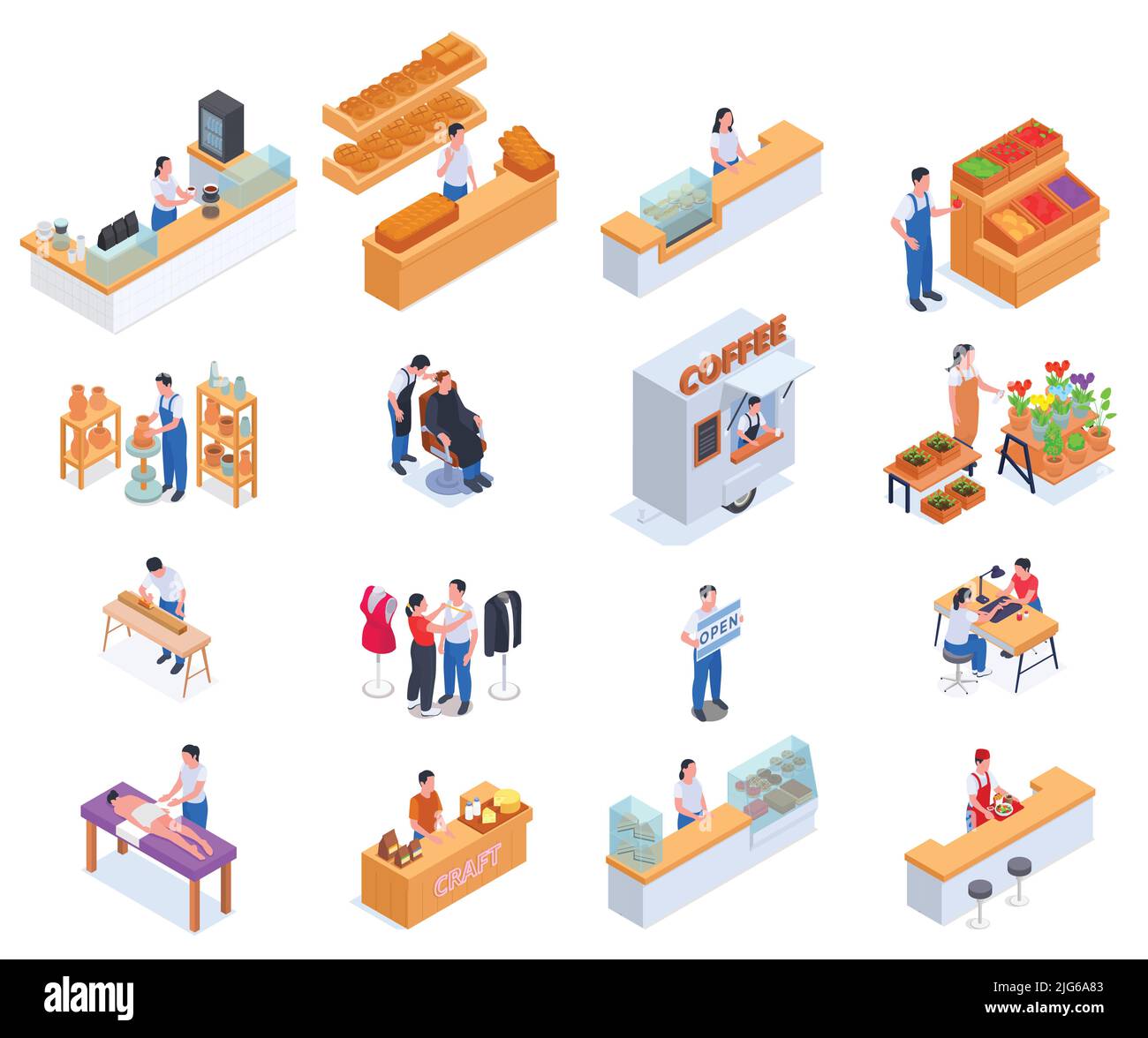 Small business owner family business isometric icon set employees at cafeteria and store counters vector illustration Stock Vector