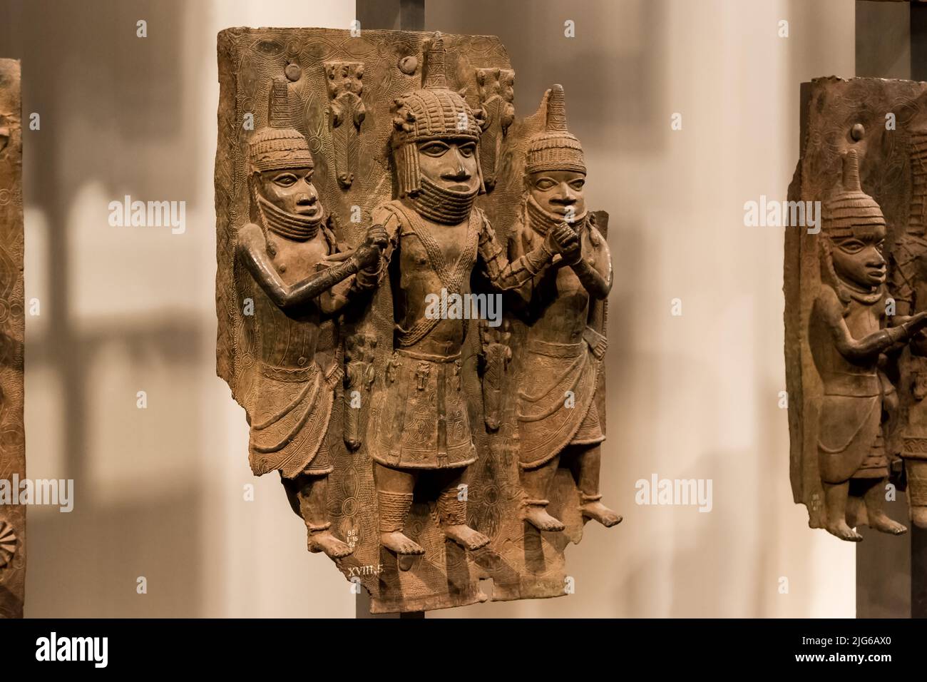 The Benin Bronzes, group of sculptures created from at least the 16th century in the West African Kingdom of Benin, displayed at the British Museum Stock Photo