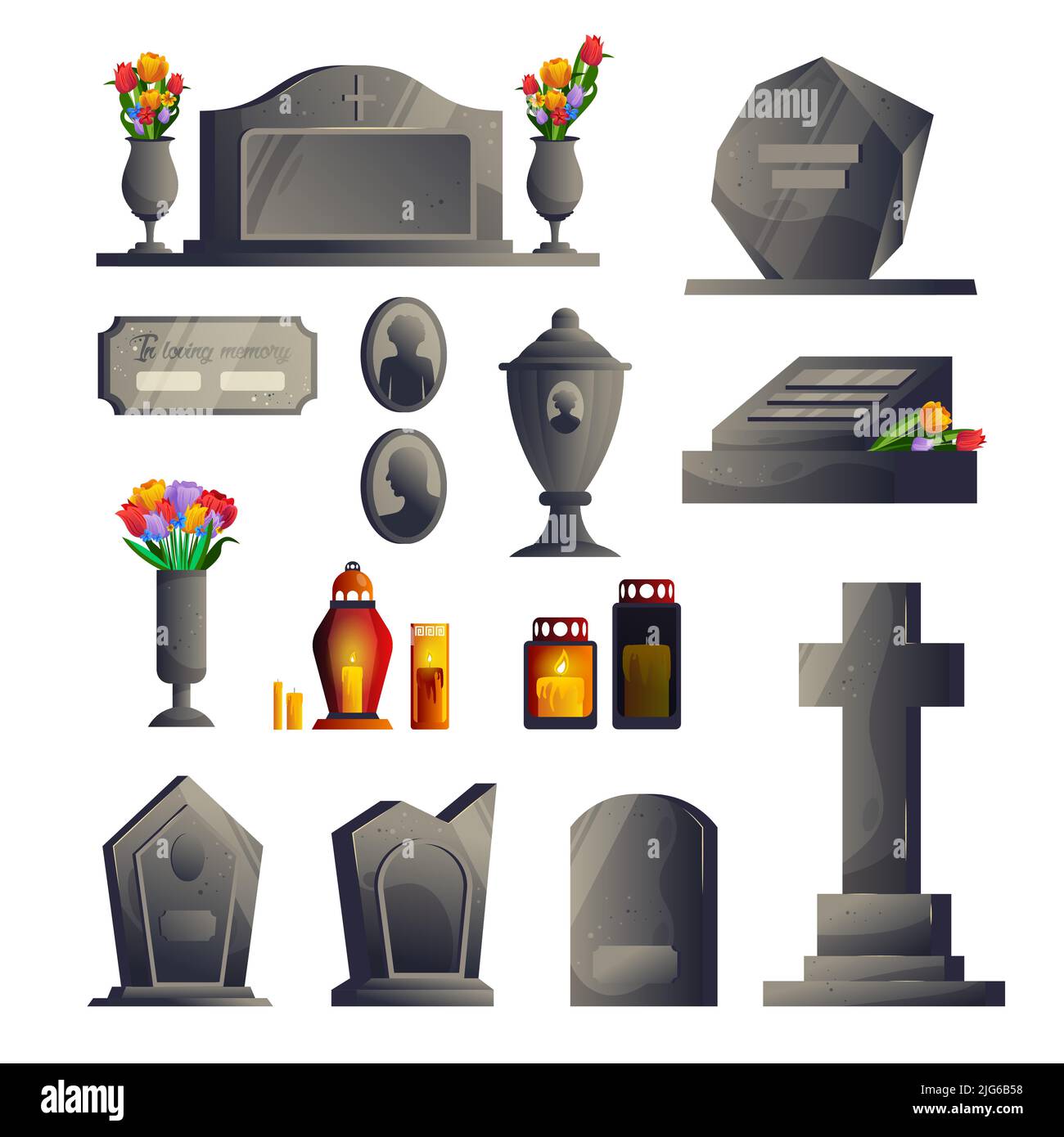 Cemetery gravestone modern icon set gray gravestones of different sizes and shapes with and without flower beds and candlesticks vector illustration Stock Vector
