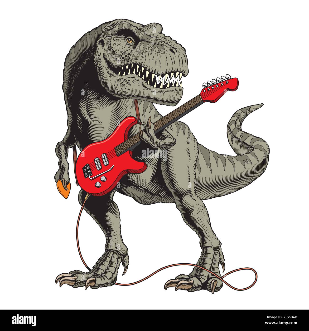 Dinosaur playing electric guitar. Tyrannosaurus or T. rex poster orr t-shirt design. Comic style vector illustration. Stock Vector