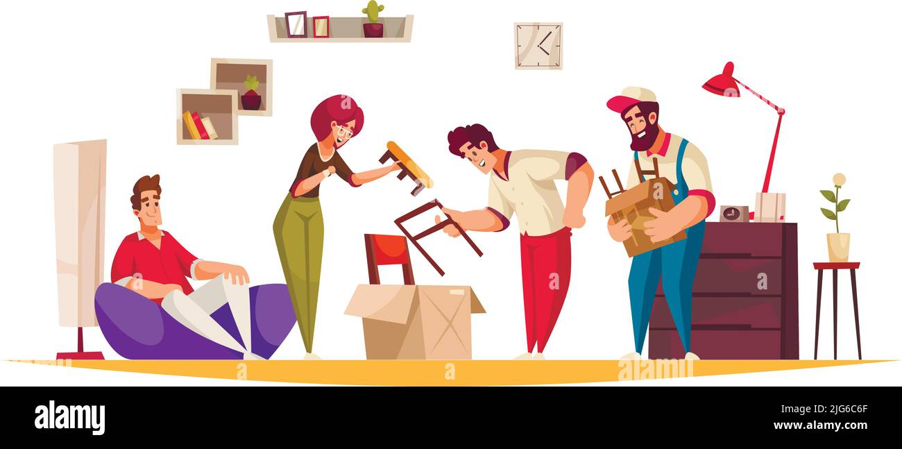 Furniture store customer service cartoon composition with young family