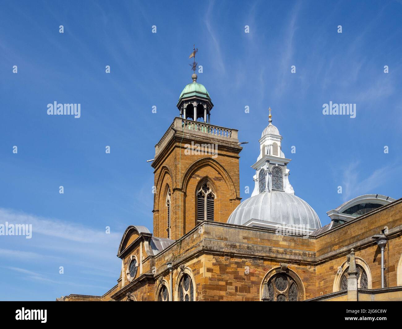 Exterior of All Saints church, Northampton, UK; looking up at the tower and cupola Stock Photo