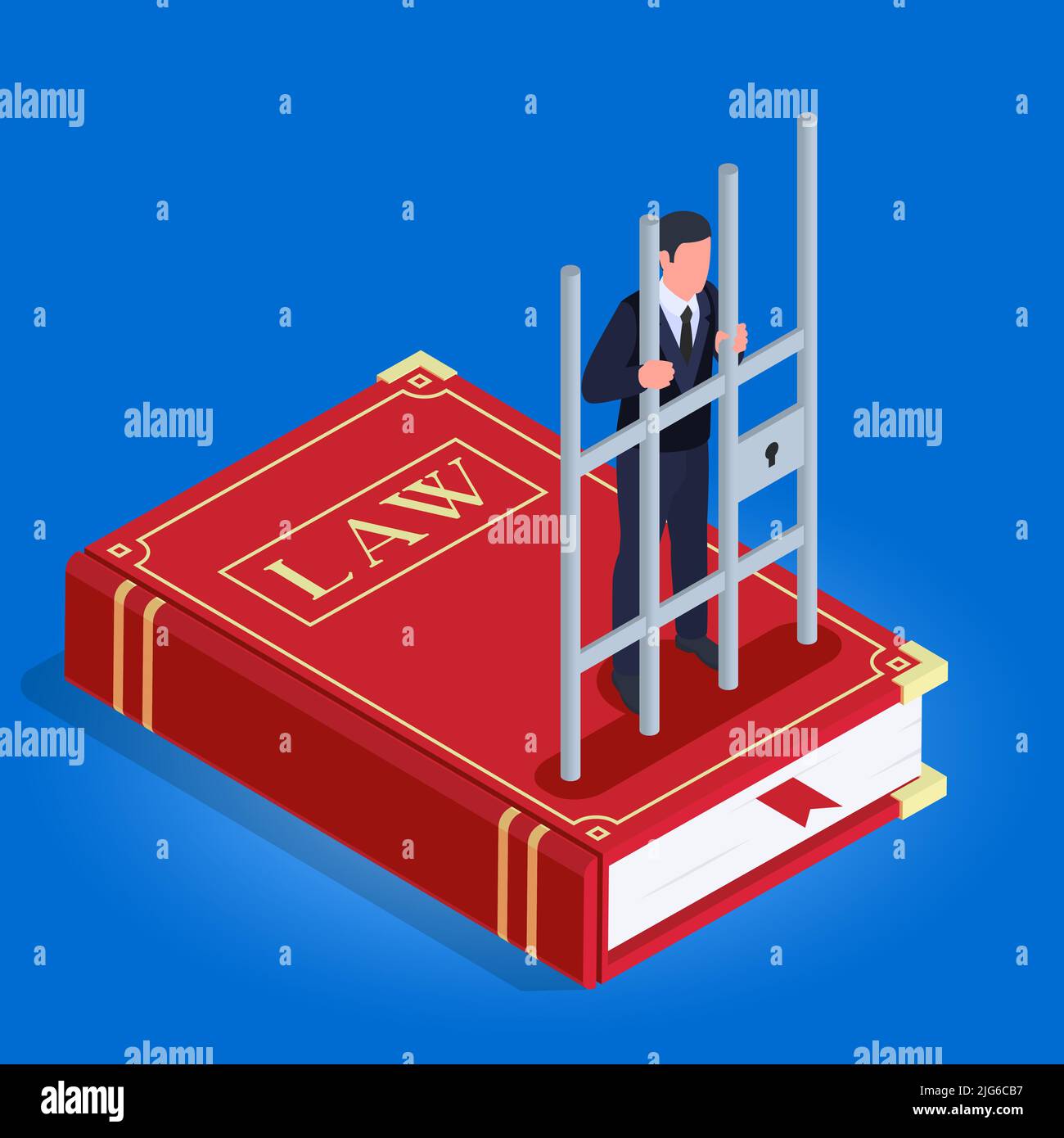 Corruption bribery money laundering isometric background with convicted criminal behind bars stands on law book vector illustration Stock Vector
