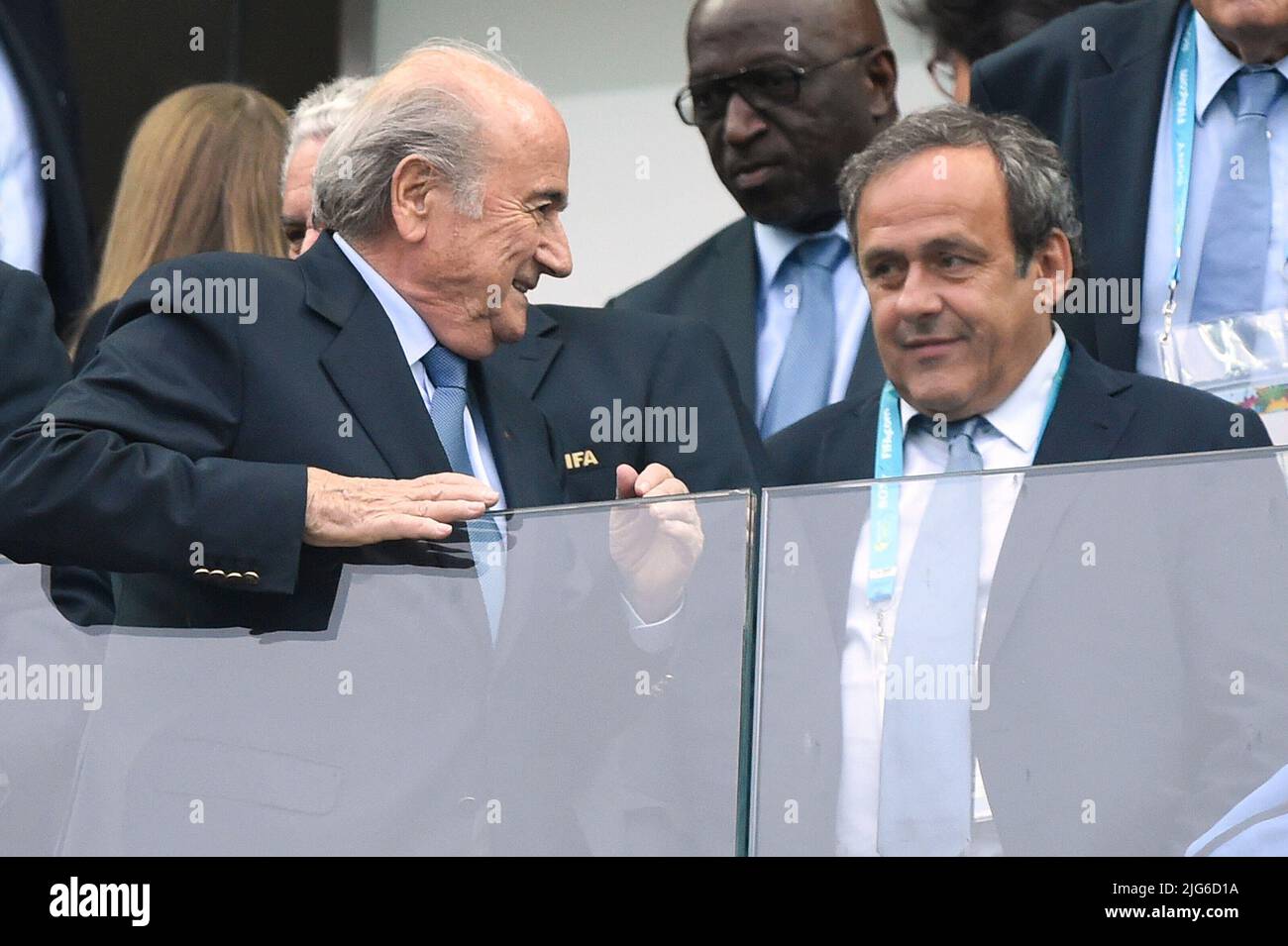 Sao Paulo. 9th July, 2014. ARCHIVE PHOTO; Acquittal for Sepp Blatter and Michael Platini in the trial for dubious payment of millions. From left:FIFA President Joseph Sepp BLATTER (SUI) with Uefa President Michel PLATINI (FRA) on the honorary stand. Netherlands (NED)-Argentina (ARG) 2-4 nE semi-finals, semi-finals, 4th round, game 62, on July 9th, 2014 in Sao Paulo. Soccer World Cup 2014 in Brazil from 12.06. - 07/13/2014. Â Credit: dpa/Alamy Live News Stock Photo