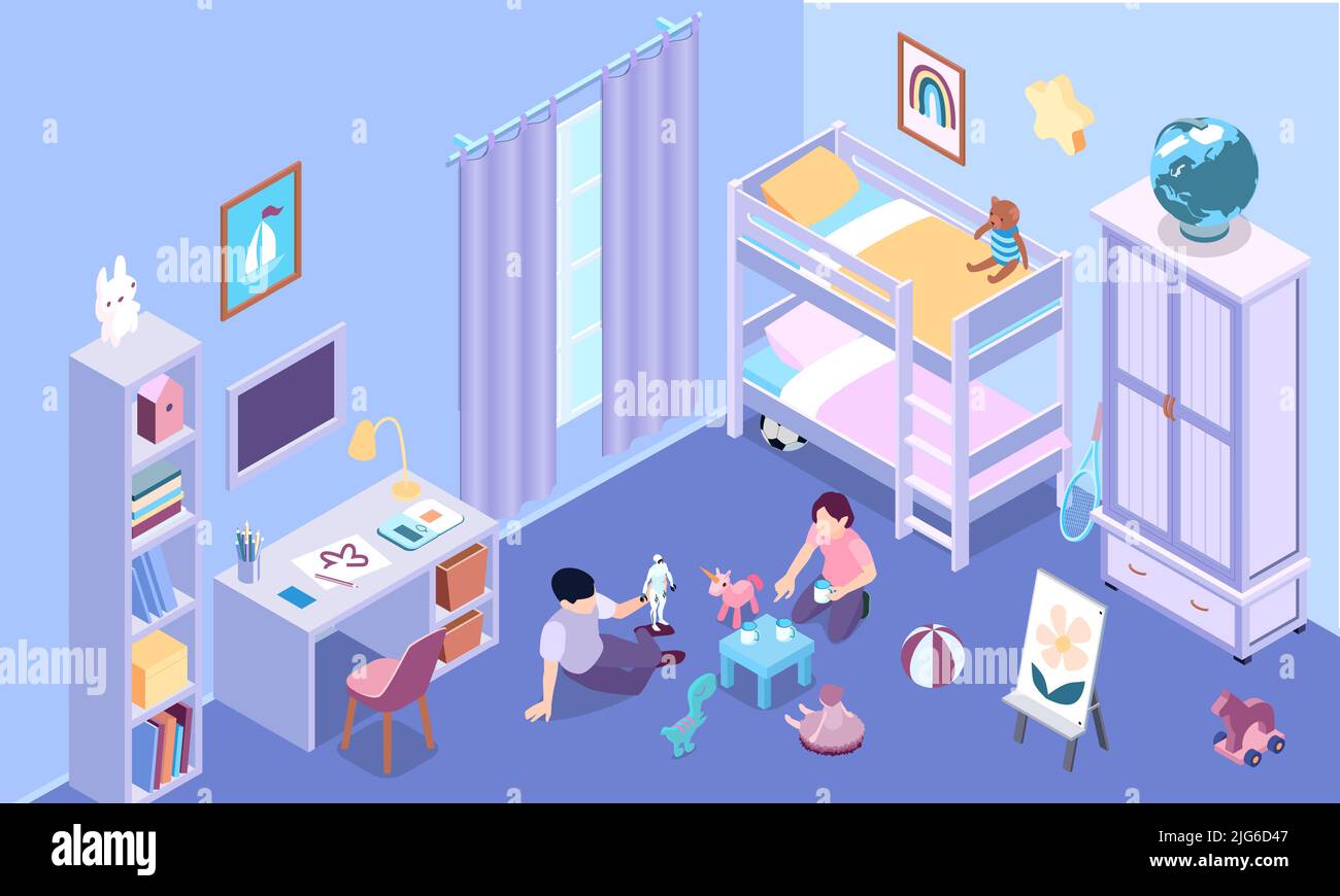 Isometric children room interior with bunk bed wardrobe desk lots of ...