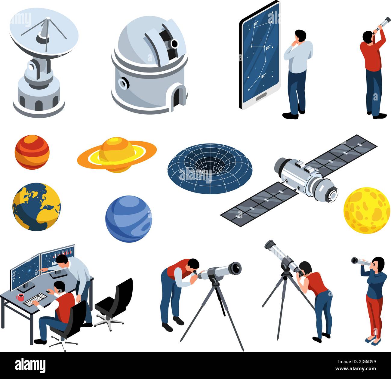 Astronomy isometric set of equipment for stars and galaxy explore ...