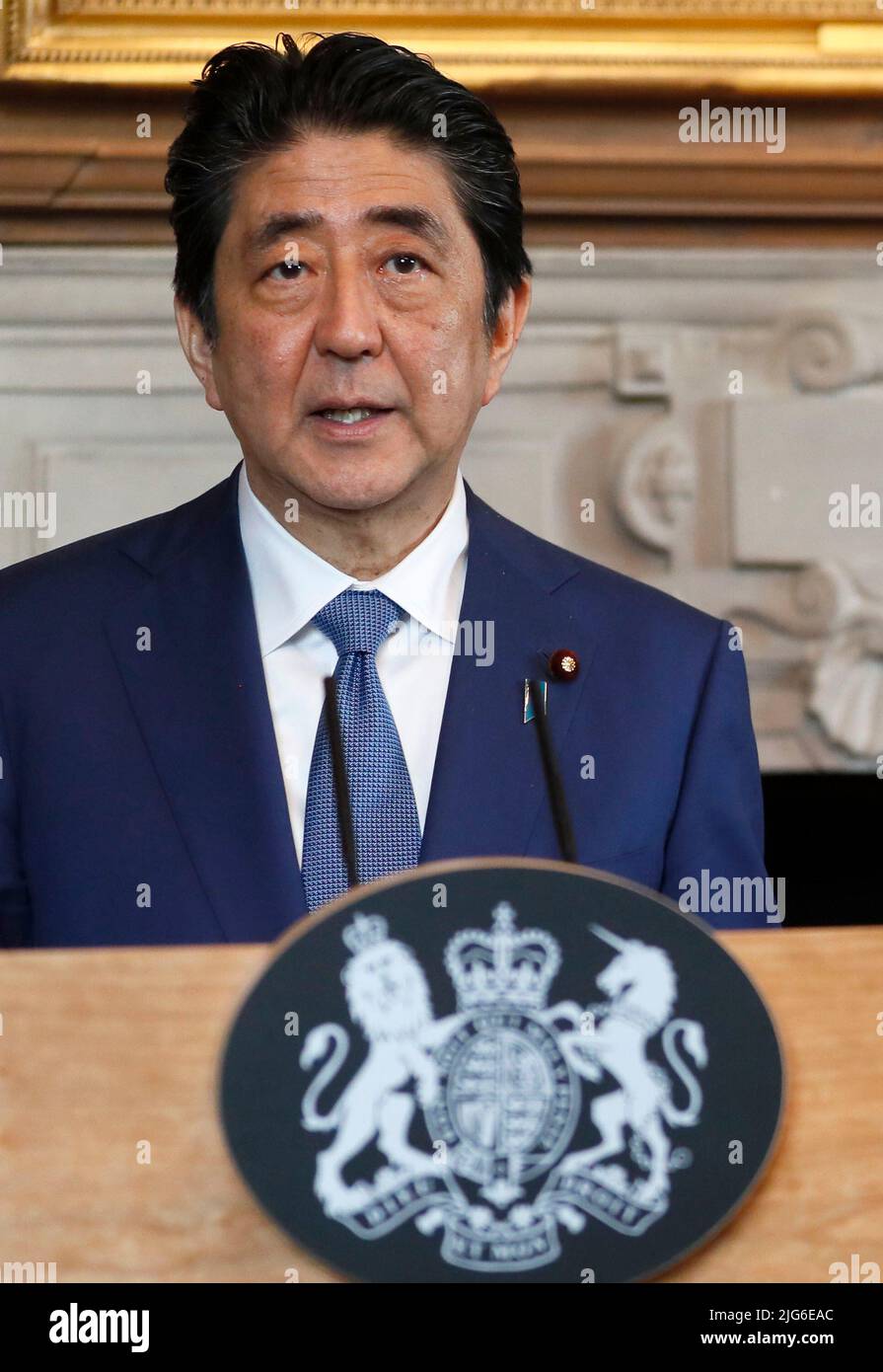 File photo dated 28/04/17 of the then Prime Minister of Japan, Shinzo Abe, speaking during a joint press conference with the then Prime Minister Theresa May after their meeting at Chequers. Japan's former prime minister Shinzo Abe has died after being shot during a campaign speech in western Japan. Issue date: Friday July 8, 2022. Stock Photo
