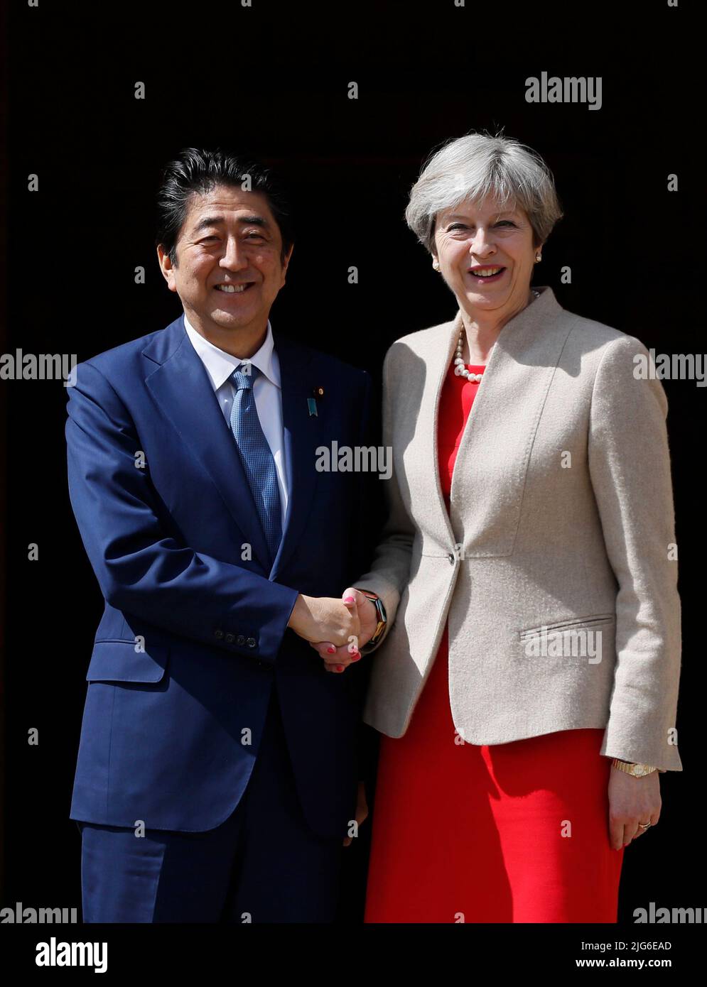 File photo dated 28/04/17 of the then Prime Minister Theresa May welcoming the then Prime Minister of Japan Shinzo Abe ahead of talks at her country residence Chequers. Japan's former prime minister Shinzo Abe has died after being shot during a campaign speech in western Japan. Issue date: Friday July 8, 2022. Stock Photo