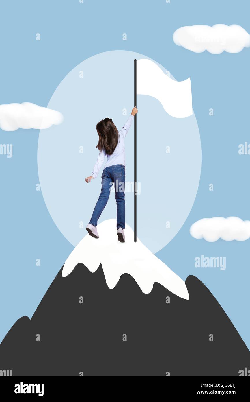 Vertical collage illustration of little girl climb mountain top hand