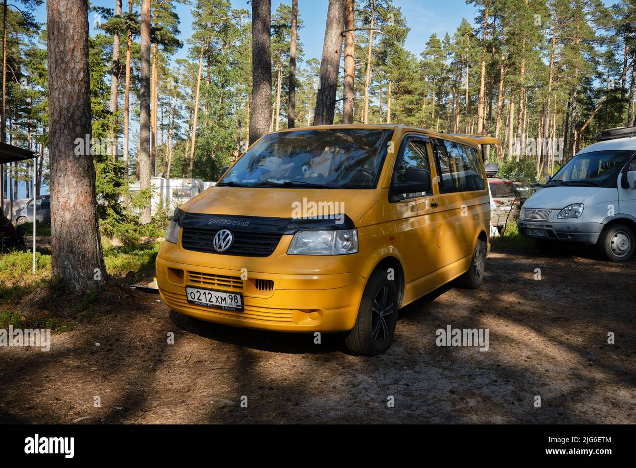 Festival of mobile homes in coniferous forest. A homemade mobile home