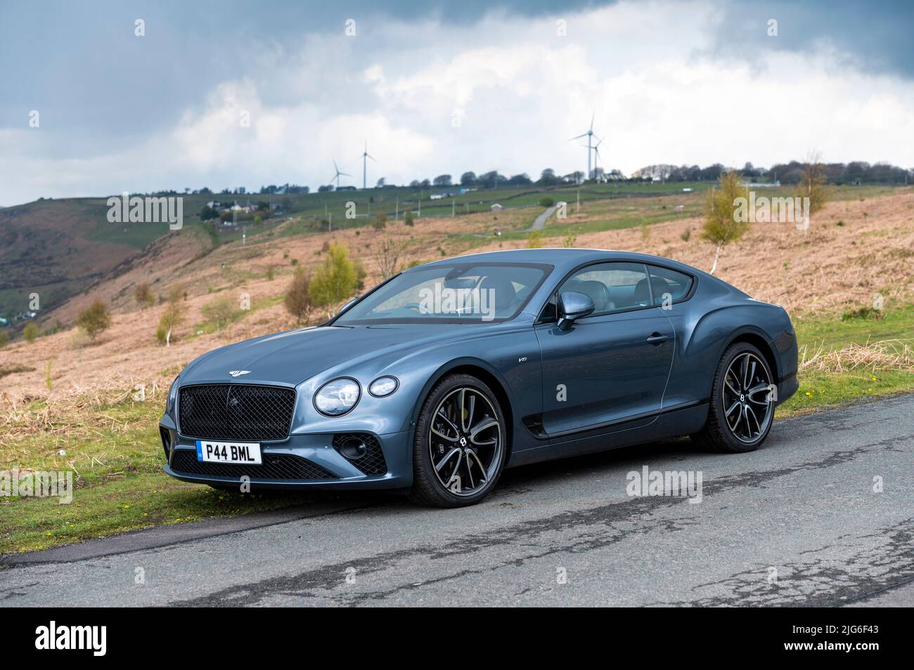 A Bentley Continental GT V8 pictured above the Rhymney Valley in South East Wales, UK 4 Litre V8 542 BHP Top speed 198 mph 0-60 mph 3.9 secs Stock Photo