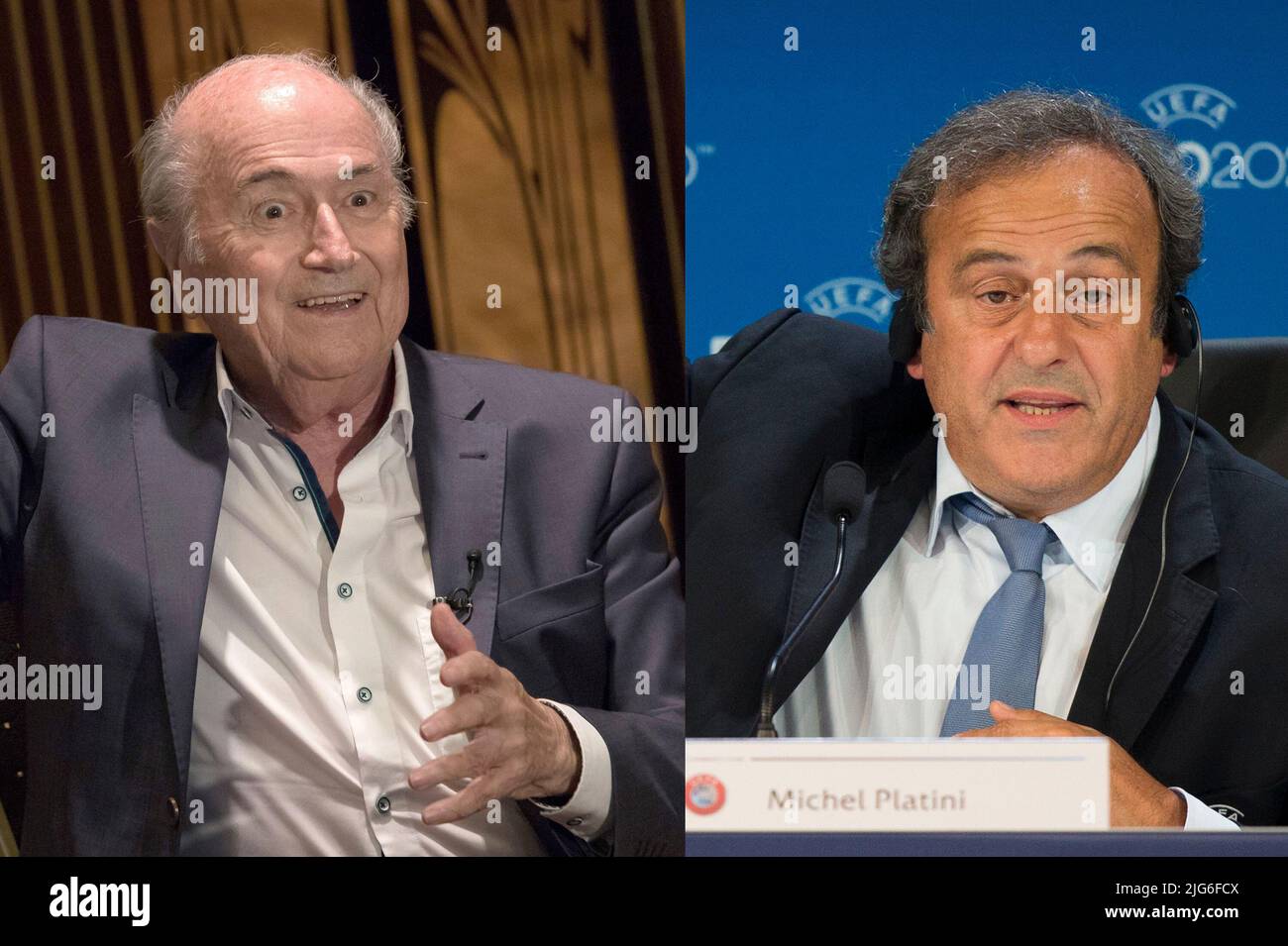 File photos dated 21-06-2018 and 19-09-2014 of Sepp Blatter and Michel Platini, formerly two of the most powerful men in world football, who have been acquitted on fraud charges in the Swiss federal criminal court. Issue date: Friday July 8, 2022. Stock Photo