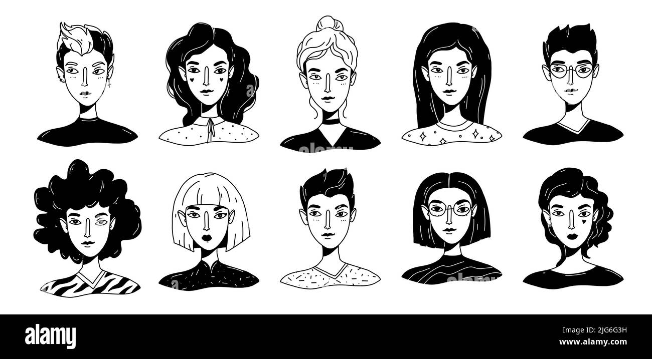 Woman portraits collection with various hair, clothes, style. Female character portraits in cartoon black and white outline style. Vector illustration Stock Vector