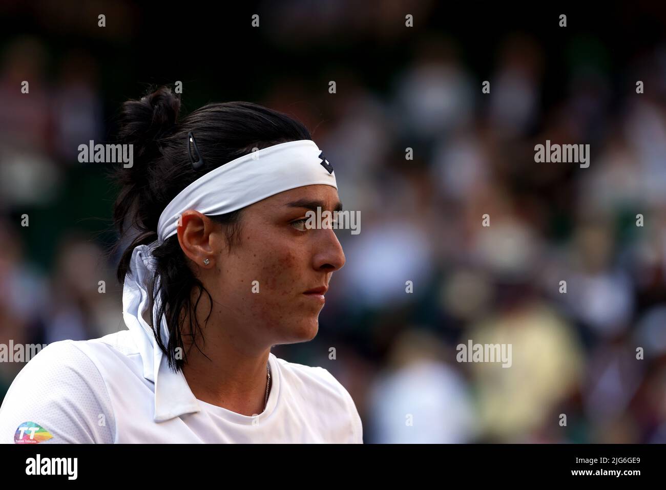 5 July 2022, All England Lawn Tennis Club, Wimbledon, London, United Kingdom:  Tunisia's Ons Jabeur during her quarterfinal match against Marie Bouzkova of the Czech Republic at Wimbledon today.  Jabeur won the match to advance to the semi finals. Stock Photo