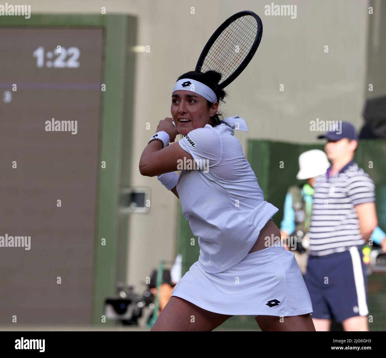 5 July 2022, All England Lawn Tennis Club, Wimbledon, London, United Kingdom:  Tunisia's Ons Jabeur during her quarterfinal match against Marie Bouzkova of the Czech Republic at Wimbledon today.  Jabeur won the match to advance to the semi finals. Stock Photo