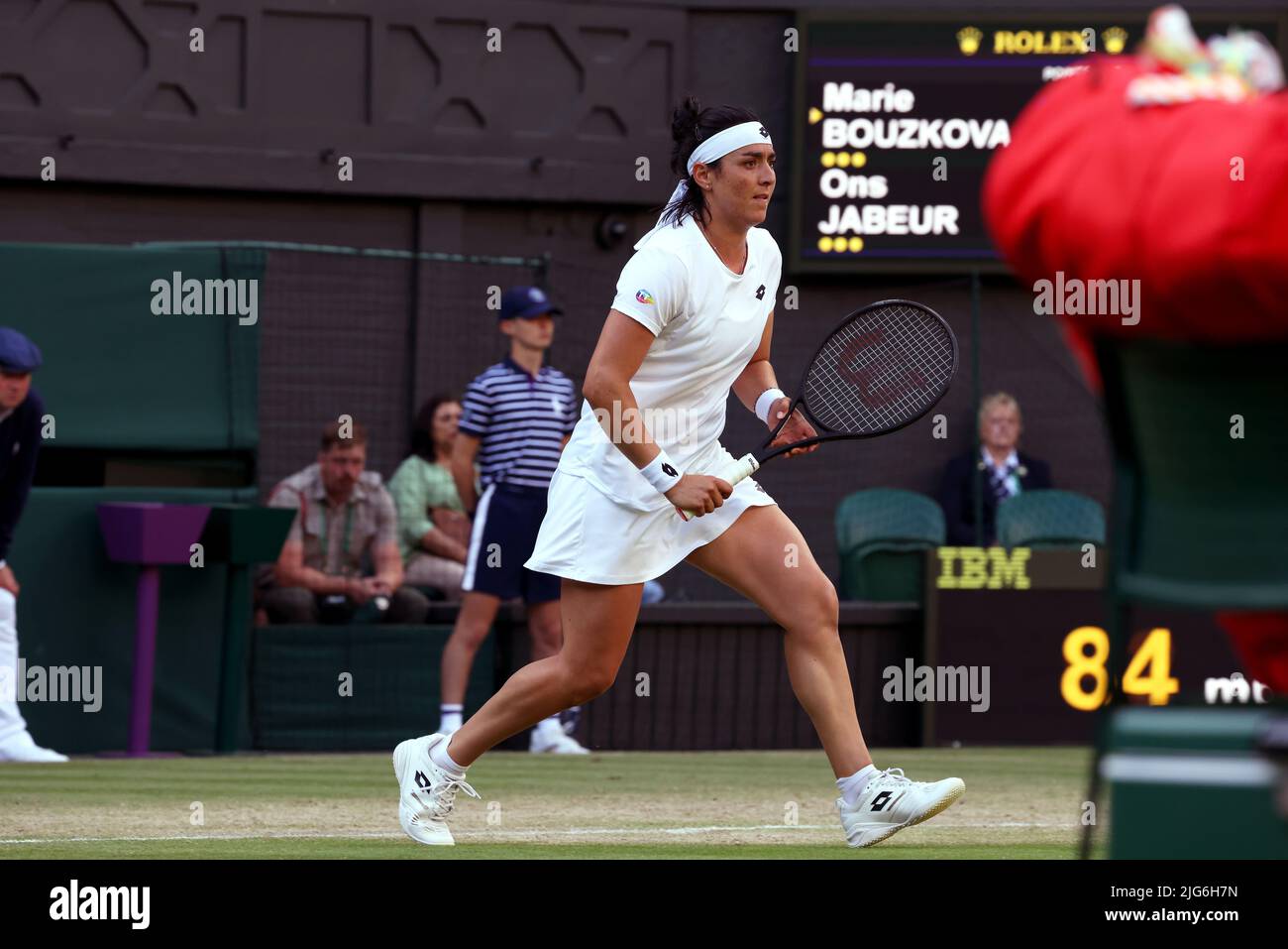 5 July 2022, All England Lawn Tennis Club, Wimbledon, London, United Kingdom:  Tunisia's Ons Jabeur during her quarterfinal match against Marie Bouzkova of the Czech Republic at Wimbledon today.  Jabeur won the match to advance to the semi finals. Stock Photo