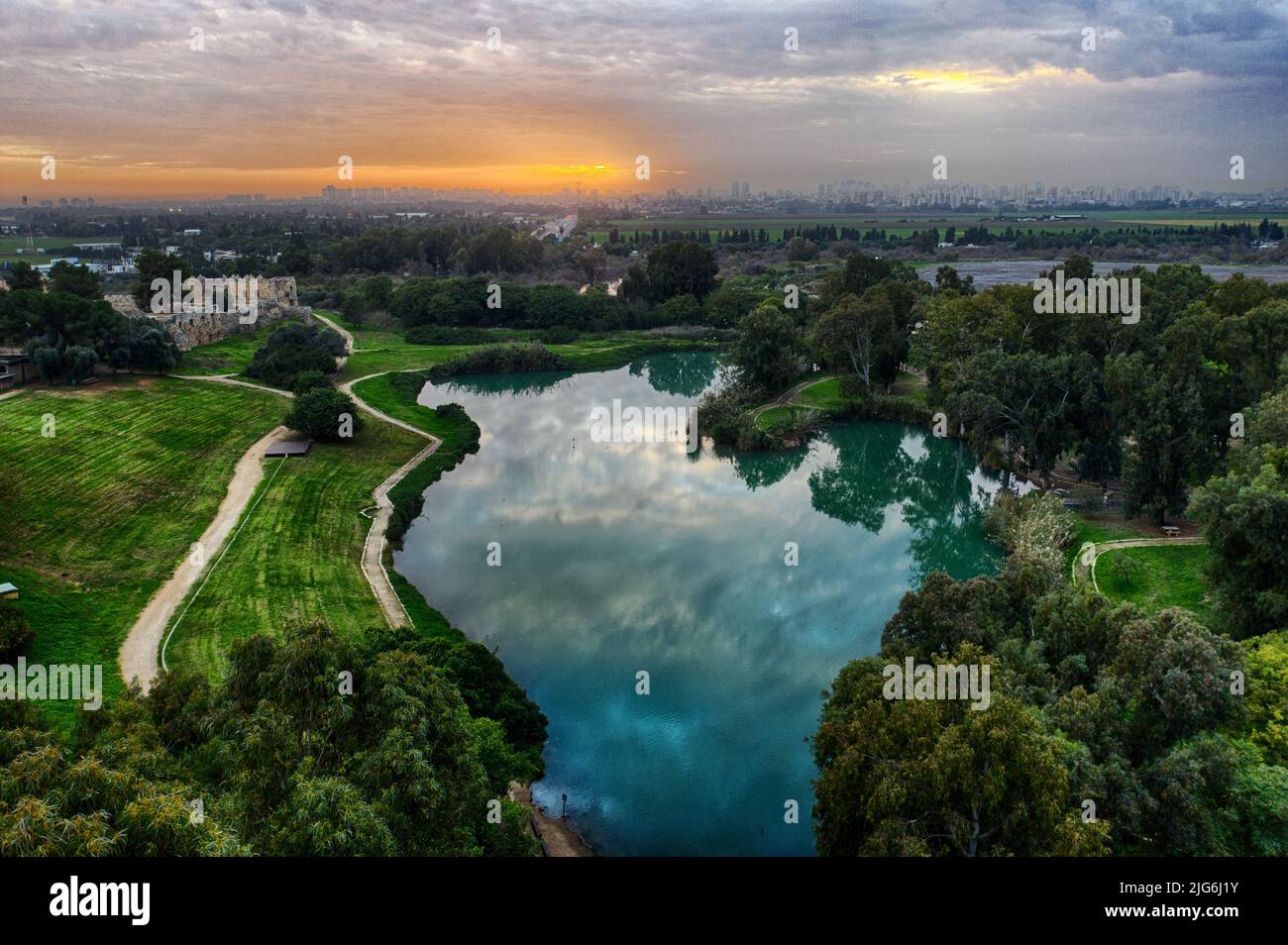 Aerial View of Antipatris / Tel Afek nature reserve that lies at the strong perennial springs of the Yarkon River, which throughout history has create Stock Photo