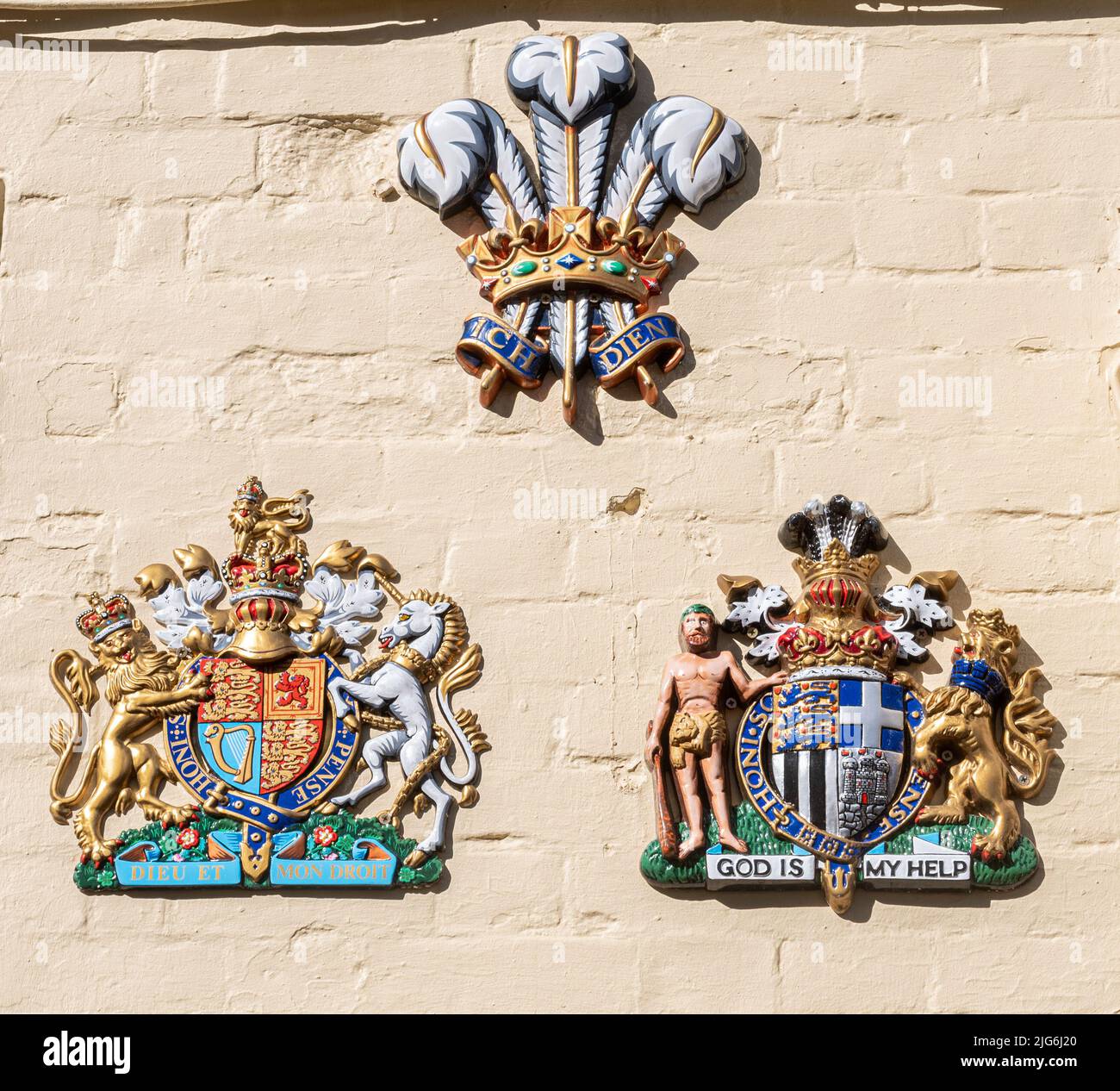 Coat of arms, heraldic shields, heraldry, on wall of Guildhall Tavern, Poole Old Town, Dorset, England, UK Stock Photo