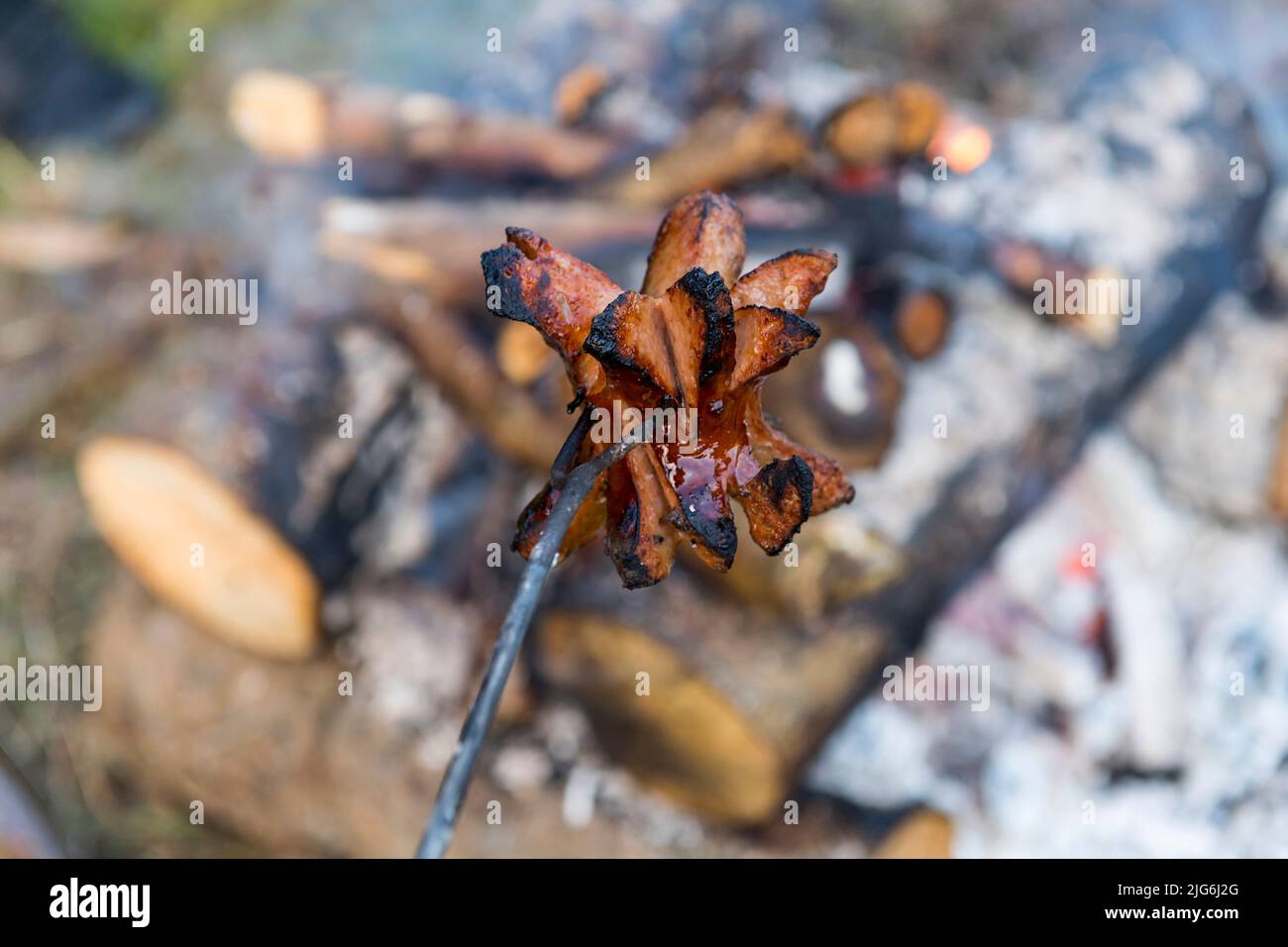 sausage or banger above campfire Stock Photo