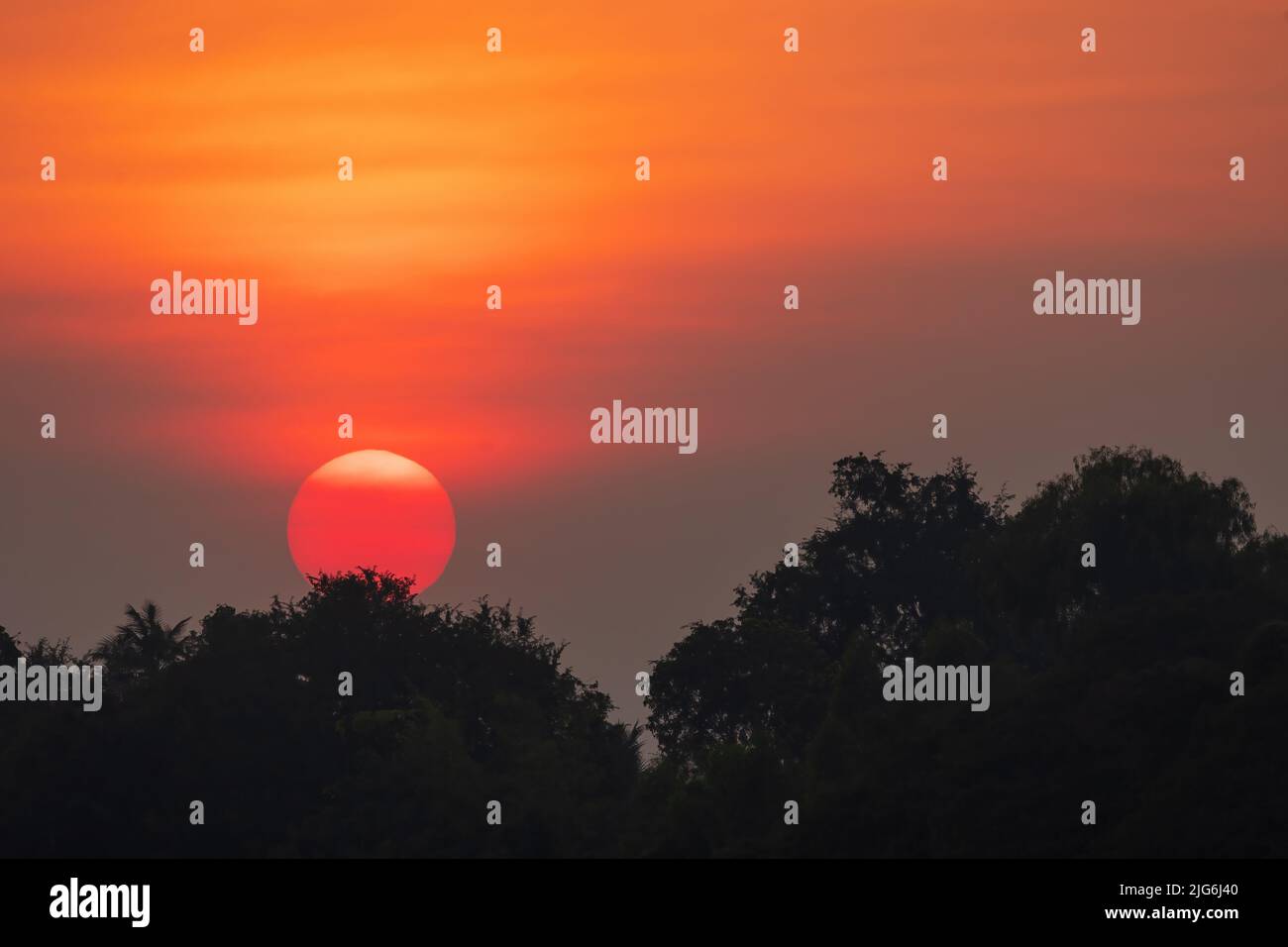 Intense red tropical sunset behind silhouetted trees. Stock Photo