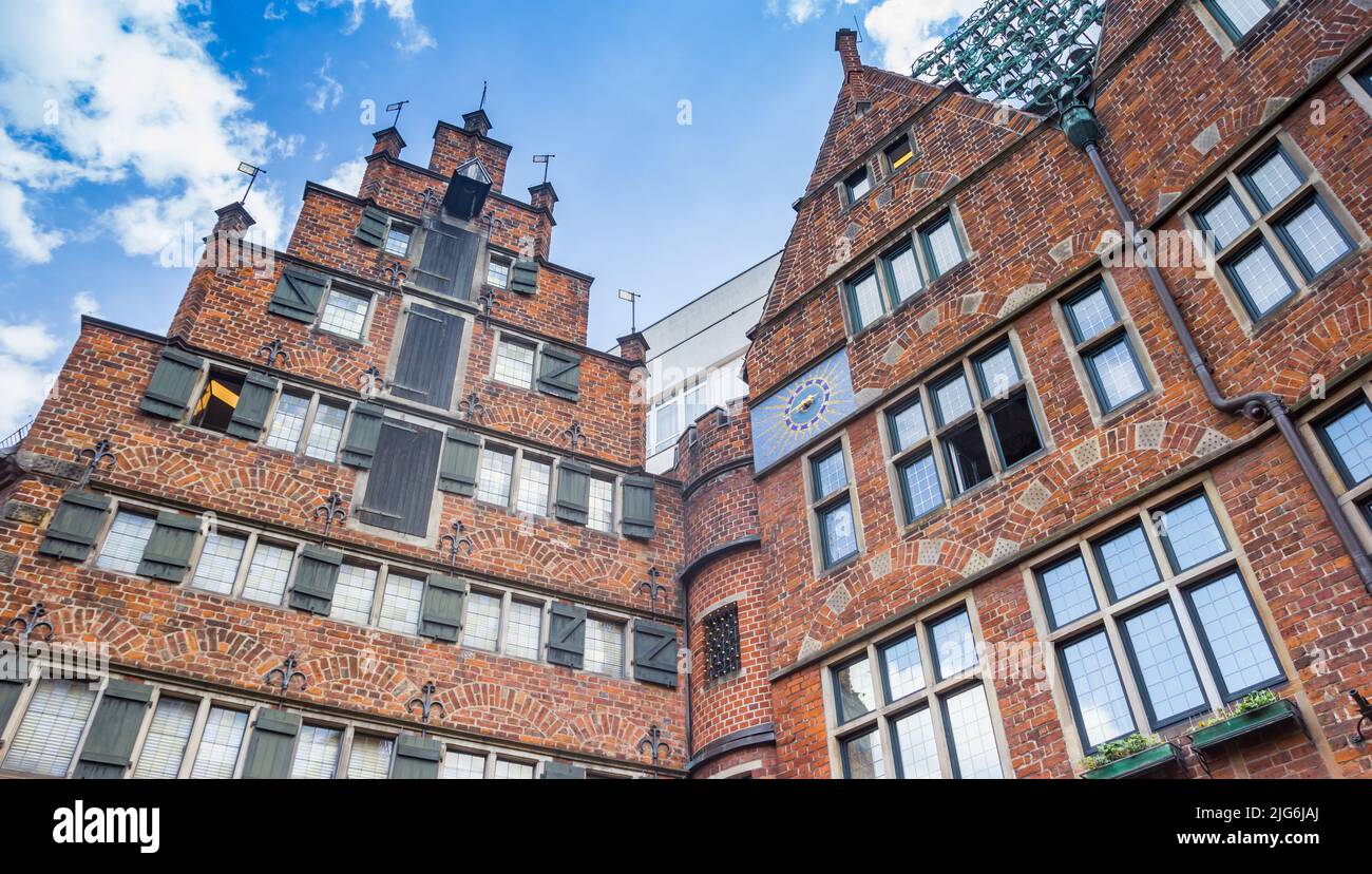 Facades of red brick houses in historic city Bremen, Germany Stock