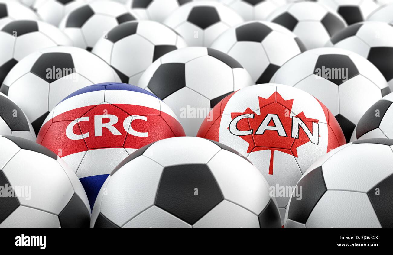 Costa Rica vs. Canada Soccer Match Leather balls in Costa Rica and Canada national colors. 3D