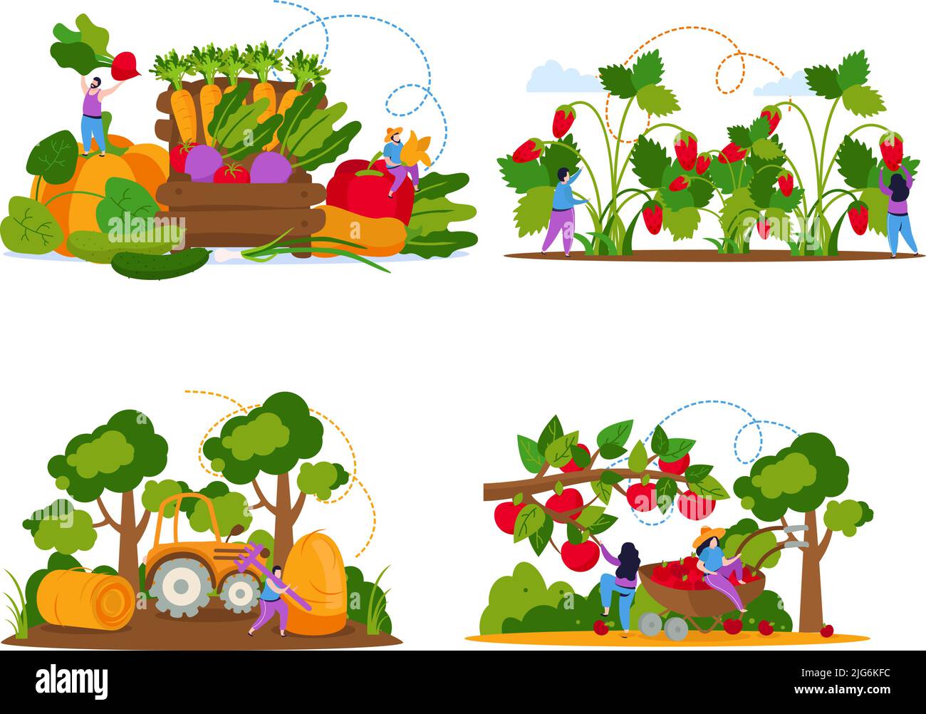 Set of four isolated harvesting compositions with flat human characters and images of plants and trees vector illustration Stock Vector