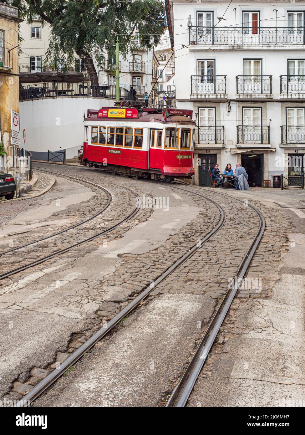 Lisbon, Portugal - Jan 2019: Red Tram in Alfama,  the oldest neighborhood of Lisbon, Portugal, Europe. Stock Photo