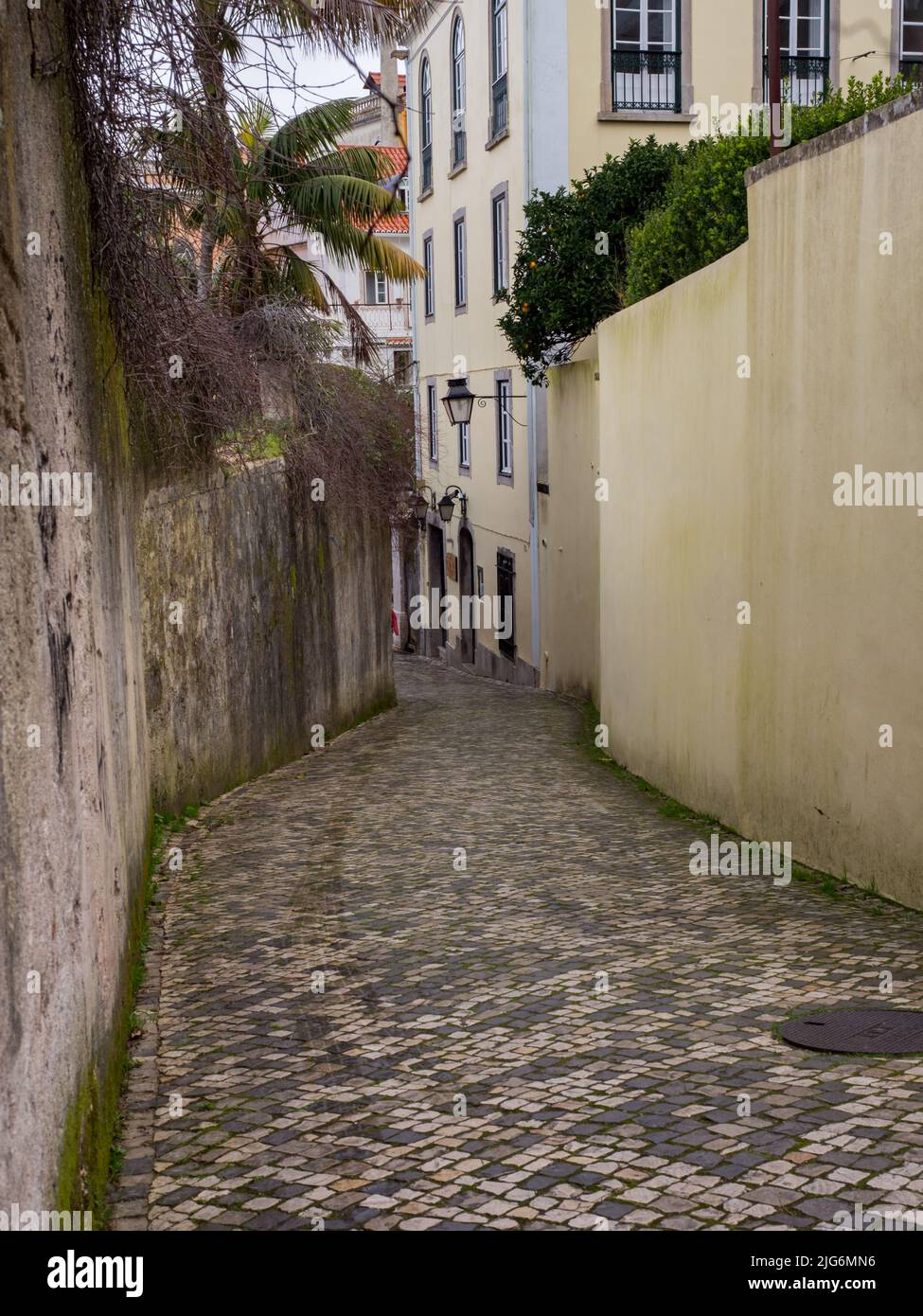 Portugal- Jan 2019: Narrow atmospheric streets in the historic center of Sintra. It is a town in Greater Lisbon region of Portugal, located on the Por Stock Photo