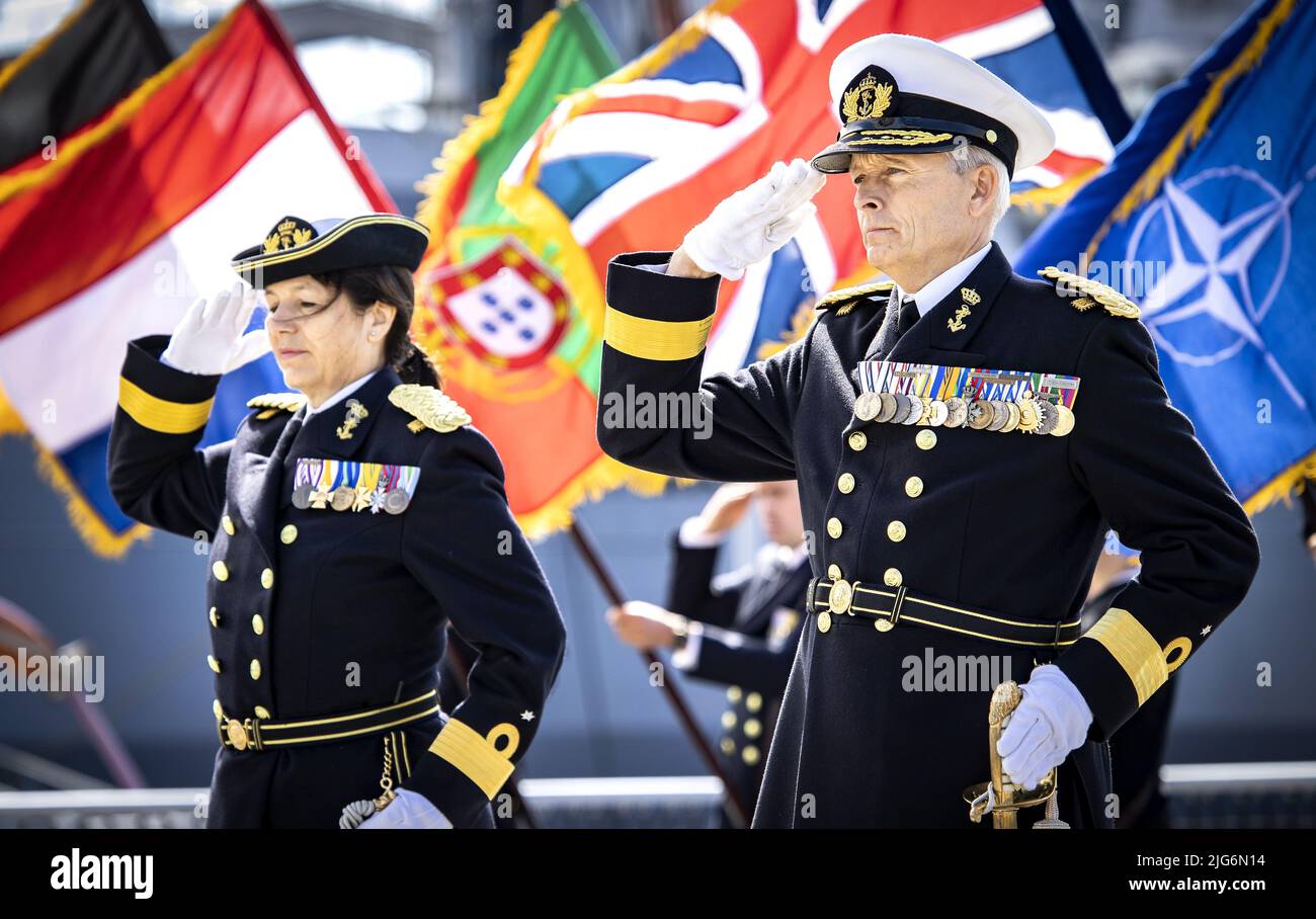 2022-07-08 11:03:12 DEN HELDER - Commander Ad van de Sande and Commander Jeannette Morang during the ceremonial transfer of the Standing NATO Maritime Group 1 (SNMG1). In 2022, the Netherlands will command the NATO fleet. ANP RAMON VAN FLYMEN netherlands out - belgium out Stock Photo