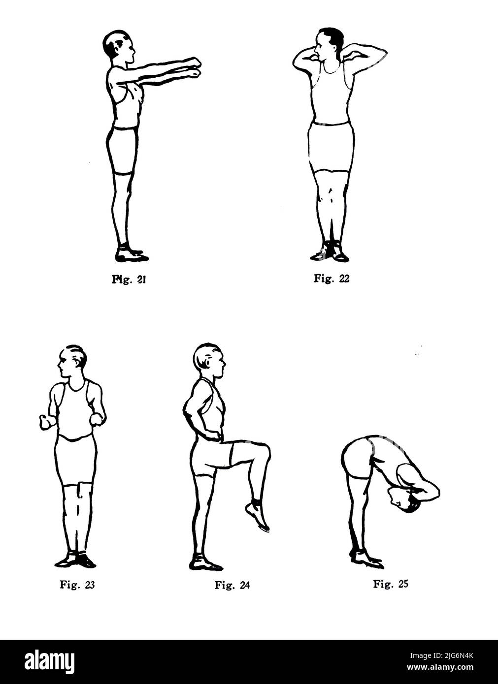 Physical exercises line art from the ' Military Signal Corps manual ' by James Andrew White, Publication date 1918 Publisher New York : Wireless Press, inc. Stock Photo