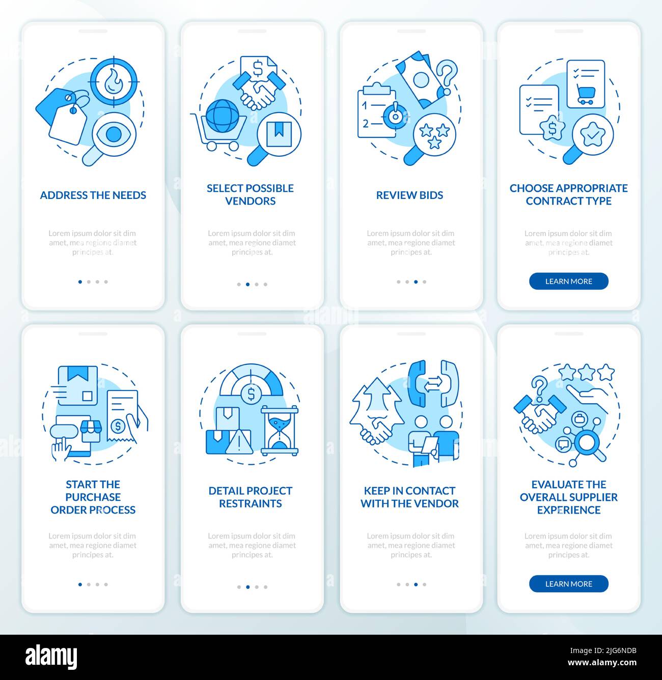 Preparing procurement plan blue onboarding mobile app screen set Stock ...