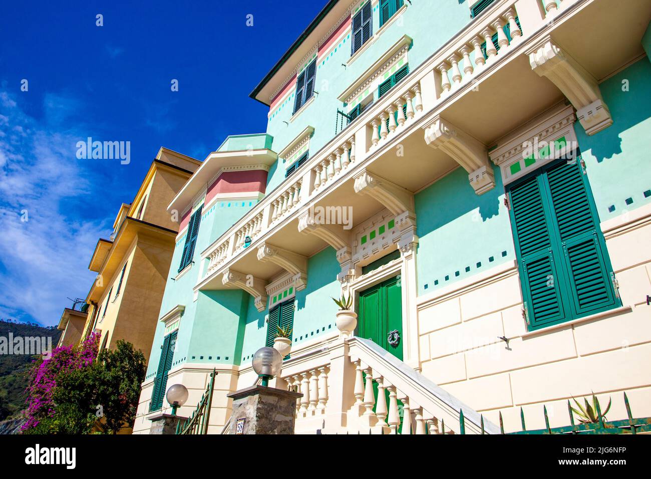 Colourful houses along the seaside promenade in Monterosso Al Mare, Cinque Terre, La Spezia, Italy Stock Photo