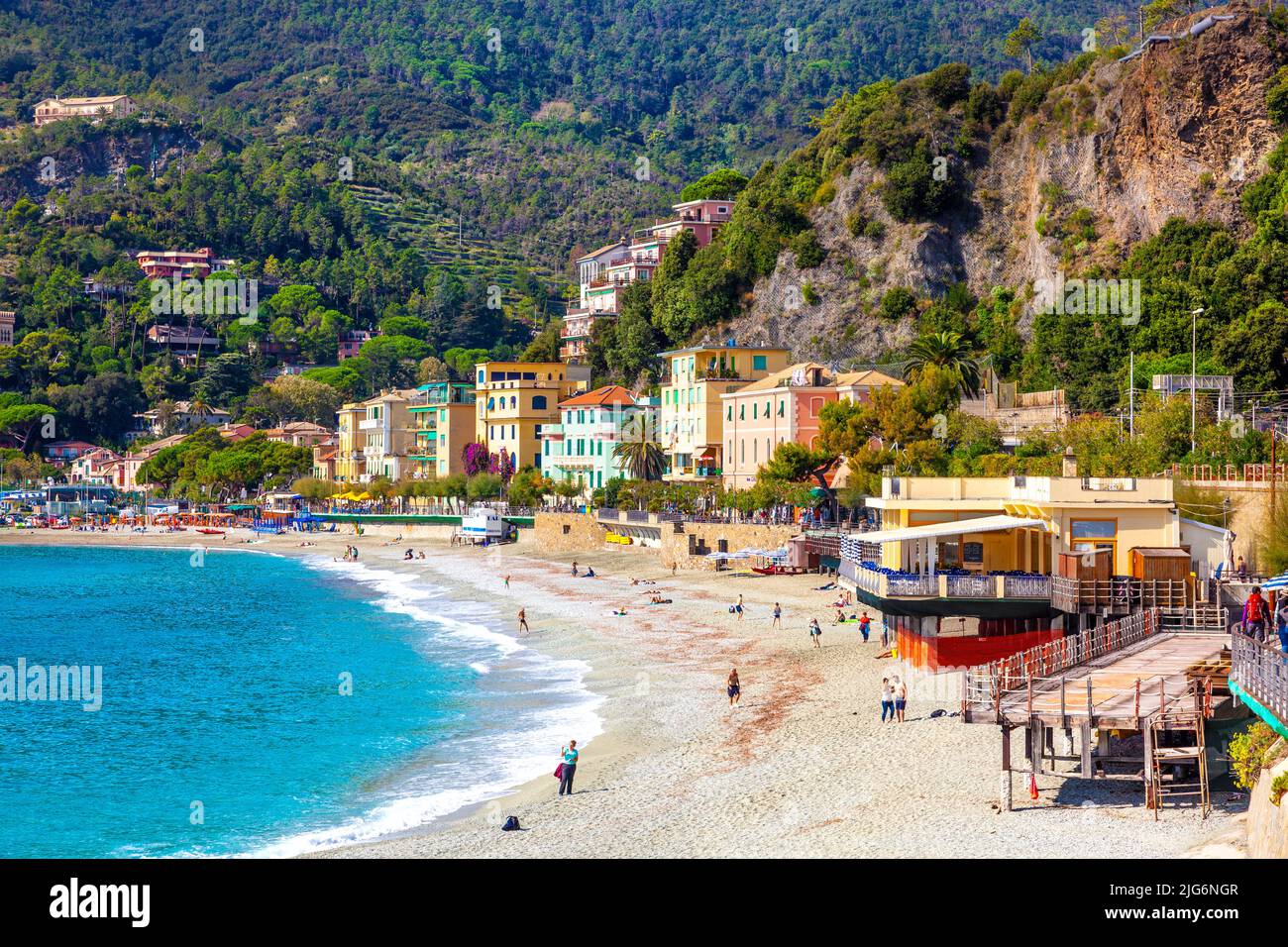 View of colourful houses and beach in Monterosso Al Mare, Cinque Terre, La Spezia, Italy Stock Photo