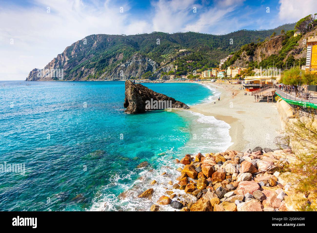 View of the beach and sea in Monterosso Al Mare, Cinque Terre, La Spezia, Italy Stock Photo