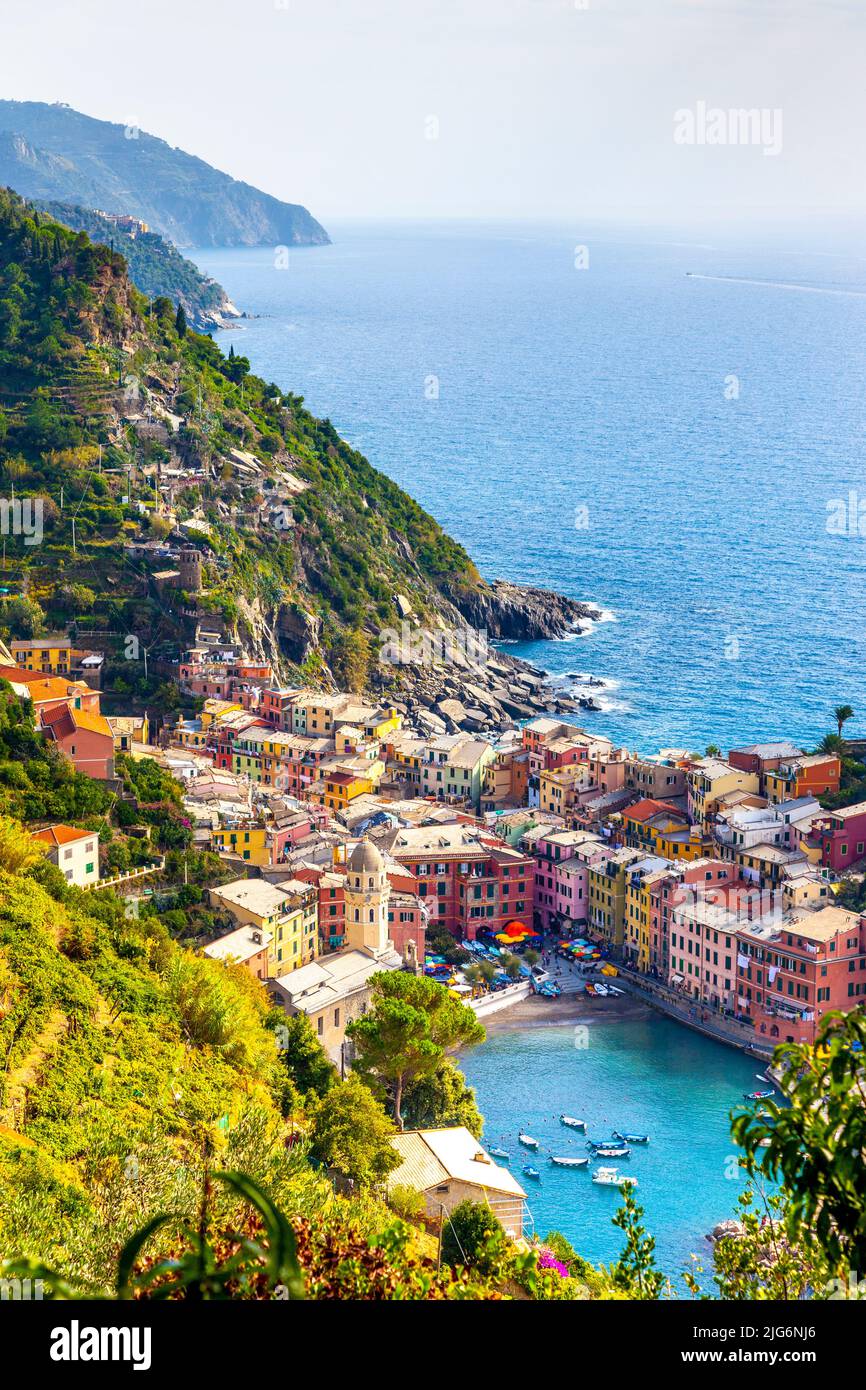 View of colourful houses in Vernazza from the Sentiero Monterosso