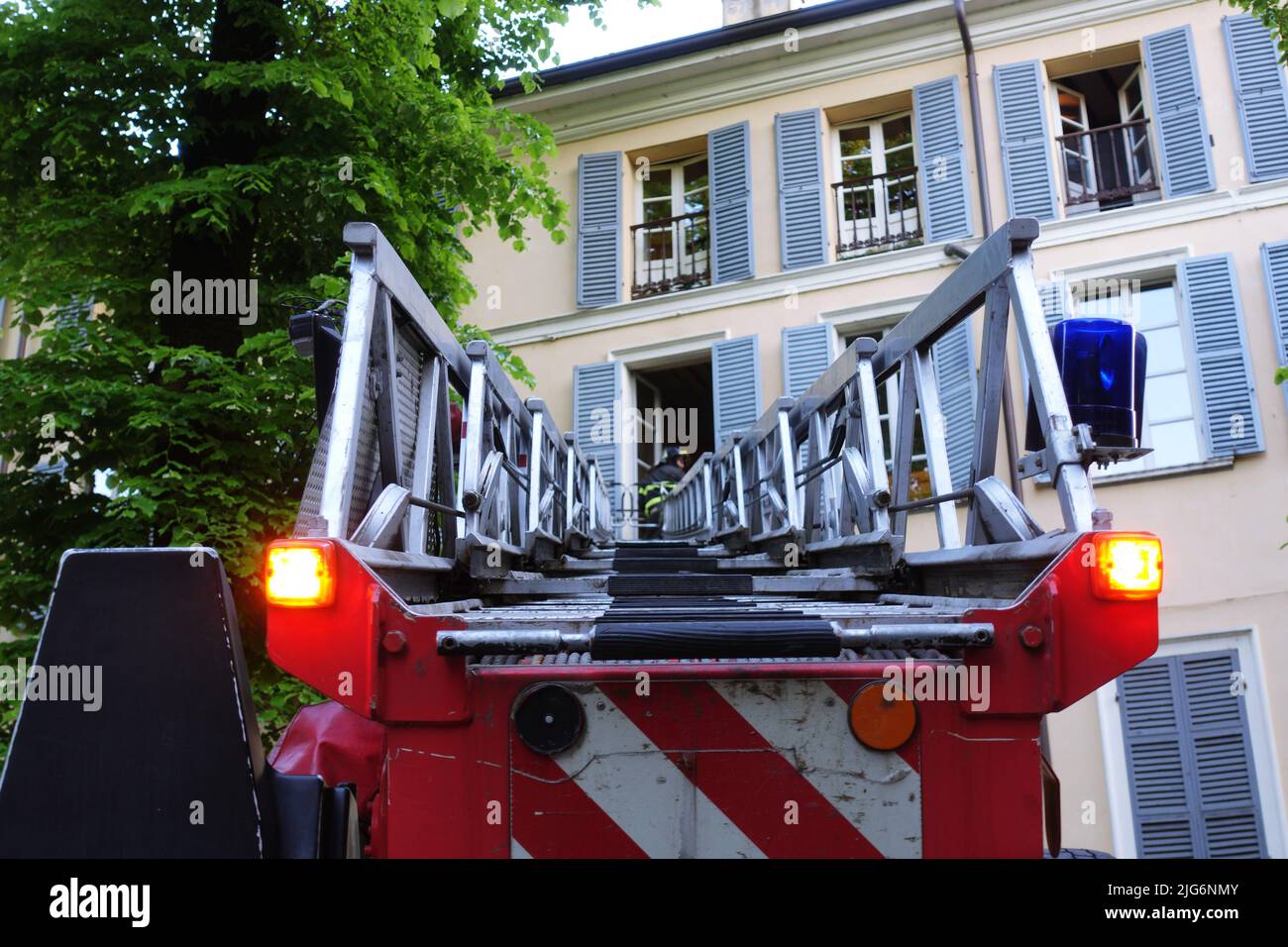 The firefighters' extendable ladder called a ladder truck in extension