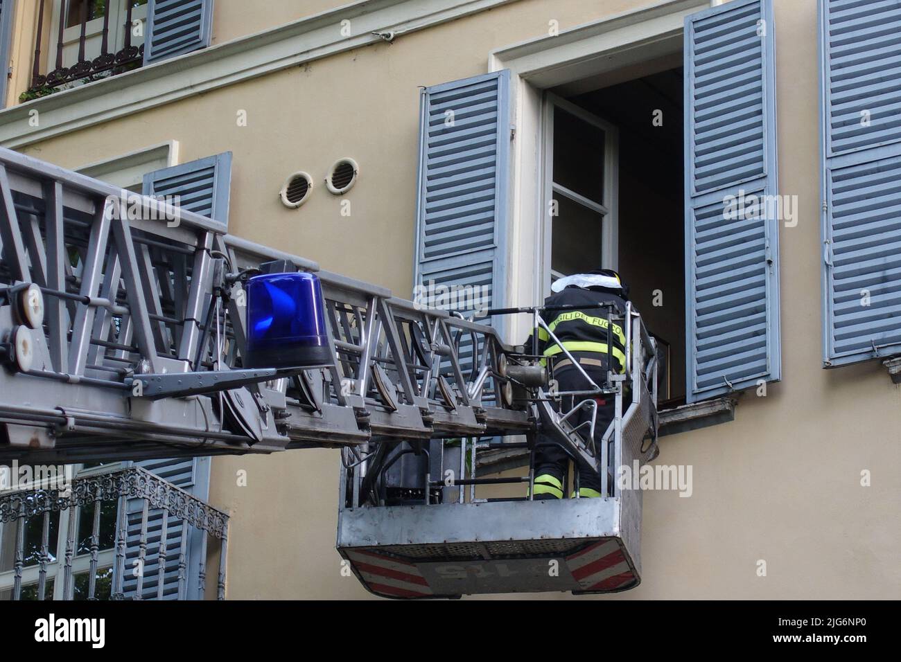 The firefighters' extendable ladder called a ladder truck in extension