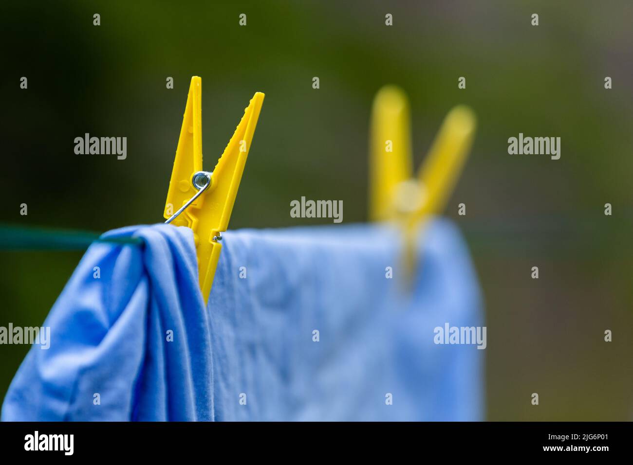 A yellow, plastic clothes peg closeup. The peg is holding blue bedding