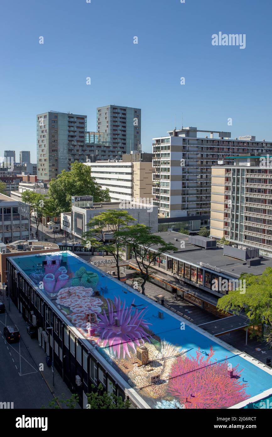 Viiew from the roof of department store the Bijenkorf overlooking the Lijnbaan with beautiful street art (streetart) , Rotterdam, the Netherlands Stock Photo