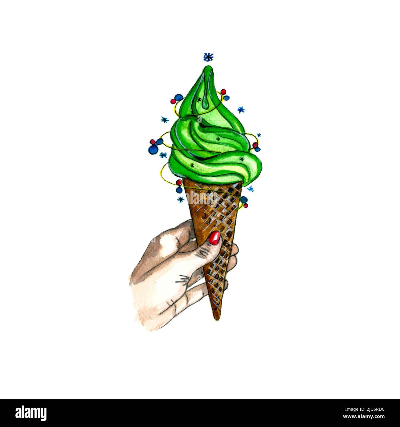 Watercolor illustration of woman hand with red fingernails holding the green ice-cream cone, like a new year tree,isolated on white background Stock Photo