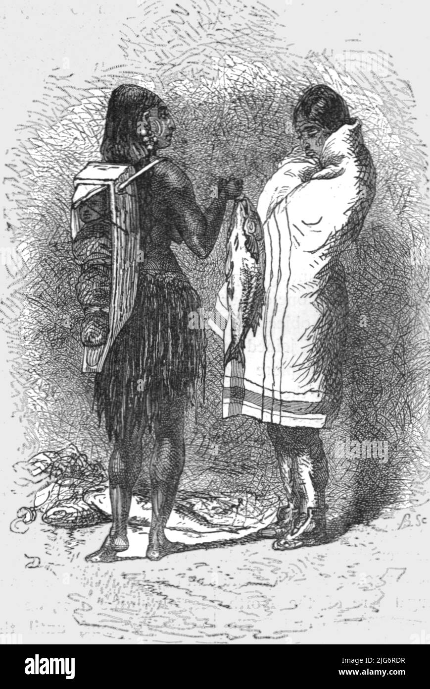 'Muchlaht Indians; In pawn in an Indian village', 1875. [The Mowachaht or Muchalaht are a people from the west coast of Vancouver Island in Canada]. From, 'Illustrated Travels' by H.W. Bates. [Cassell, Petter, and Galpin, c1880, London] Stock Photo