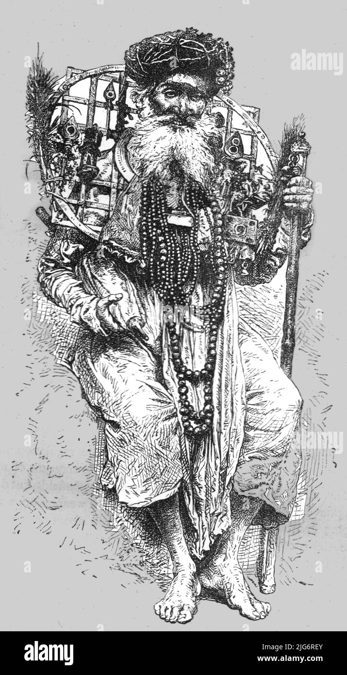 'Aged Hindoo votary at Hurdwar; (Elephant shooting in the Dehra Dhoon)', 1875. [Holy man from Hardwar in India, wearing a framework decorated with items of religious significance. A votary or a votarist refers to a person who lives a religious life according to vows they have made]. From, 'Illustrated Travels' by H.W. Bates. [Cassell, Petter, and Galpin, c1880, London] Stock Photo